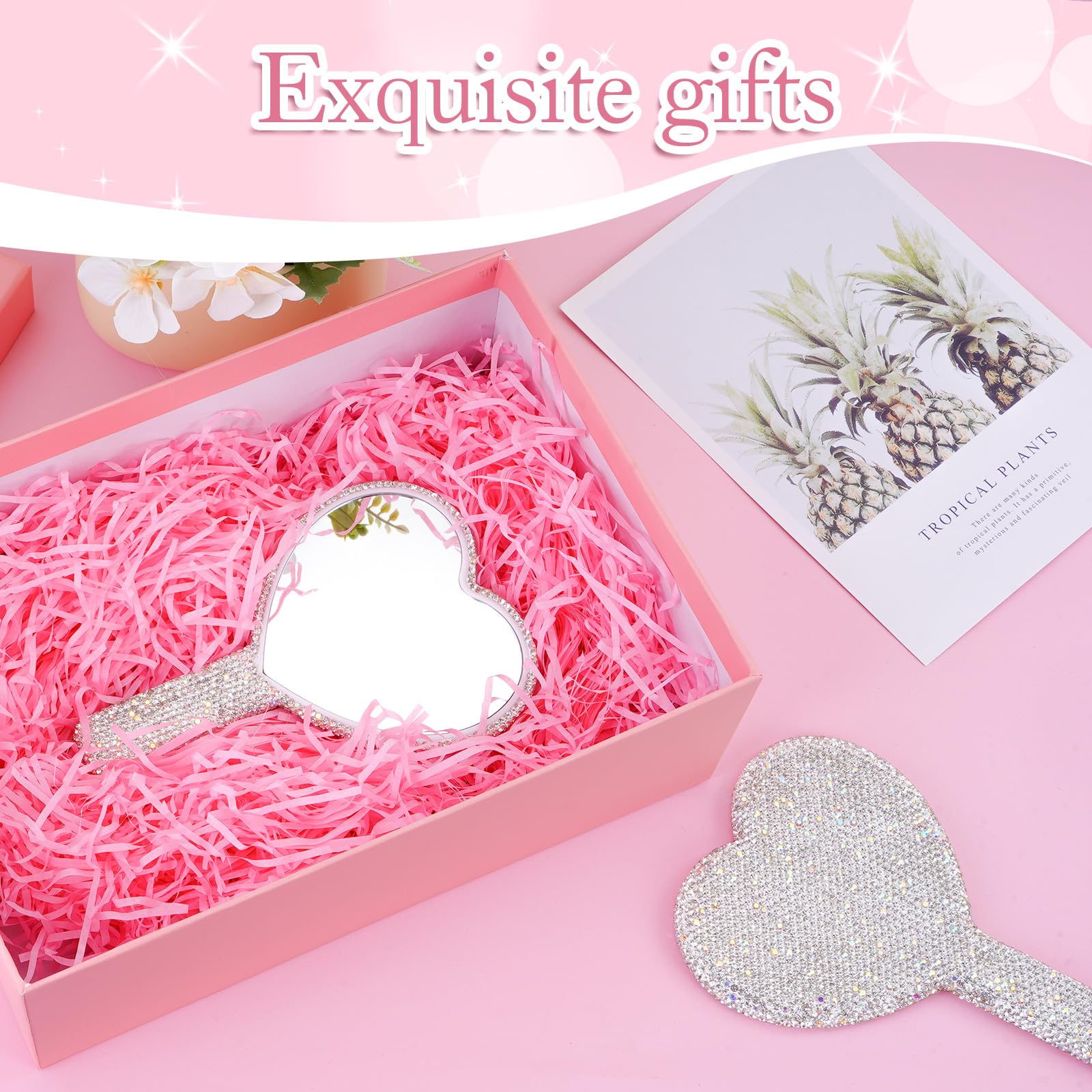 Lioaeust 2 Pcs Bling Hand Mirrors with Handle, Sparkling Rhinestone Heart Shaped Handheld Mirror, White Cute Handheld Mirrors Glitter, Portable Makeup Handle Mirror for Women Girls Trave