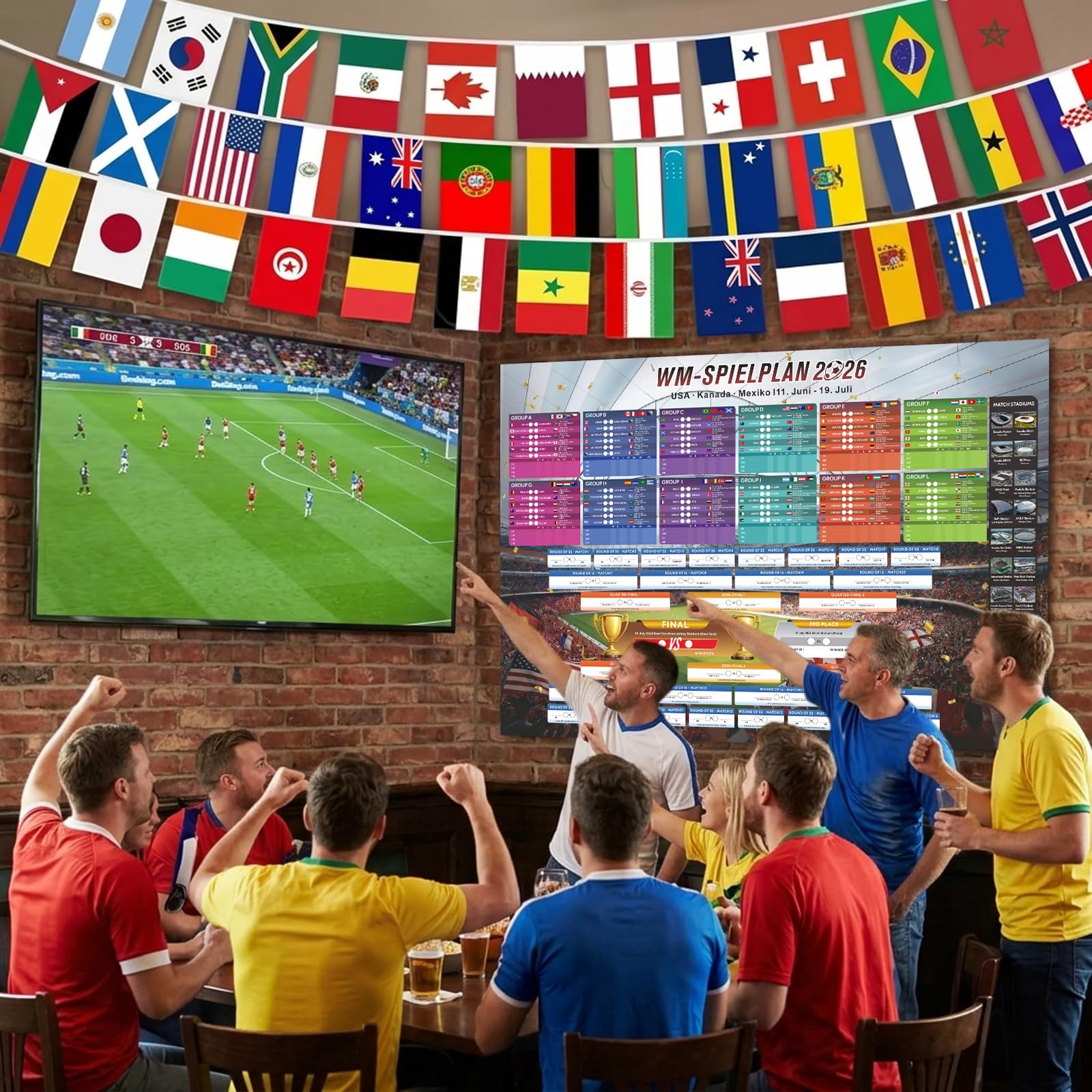 Calendario dei mondiali 2026, articolo per tifosi, set da 49 pezzi con bandierine lunghe 15 m con 48 bandiere nazionali e poster da parete da 70 x 100 cm, decorazione per eventi di calcio