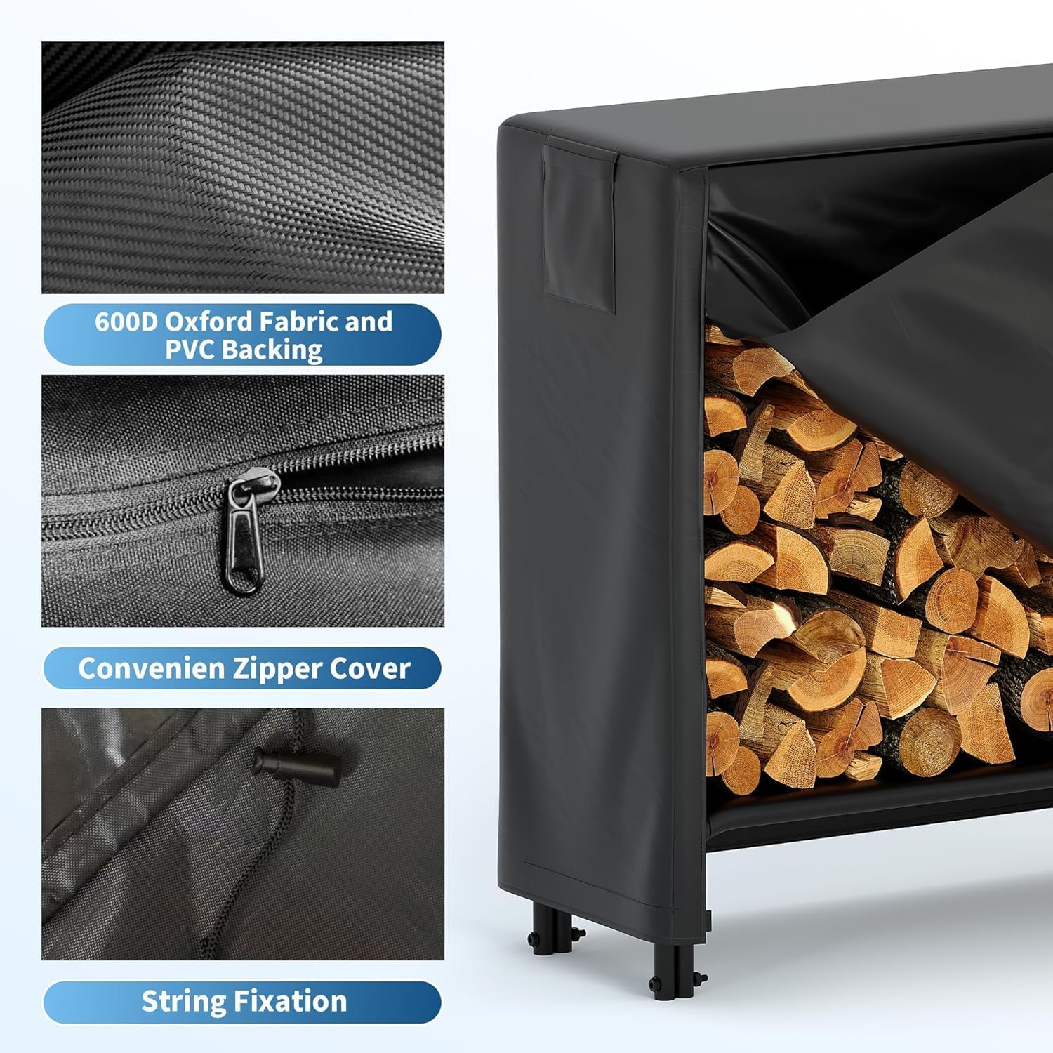 Garvee 8FT Firewood Log Rack with Cover,Black Waterproof Oxford Fabric with Zipper,Heavy Duty Log Wood Storage Racks Holds Up to 4500lbs for Porch Patio