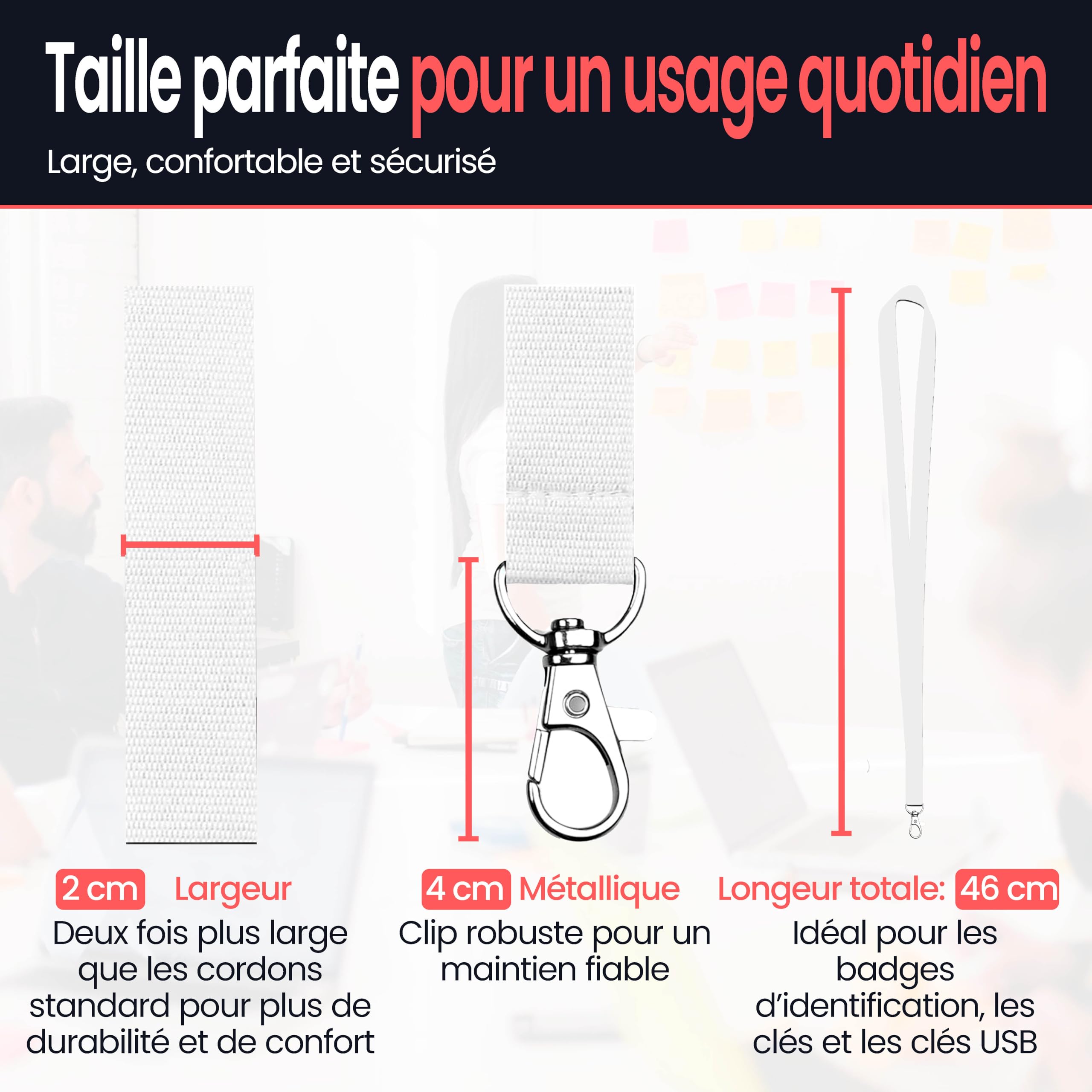 Pack Cordons Pour Badge Avec Mousqueton Métallique - Lanyard Polyester 2cm x 46cm - Tour De Cou Porte Badge Pour Clés, USB, Cartes ID Et Accessoires