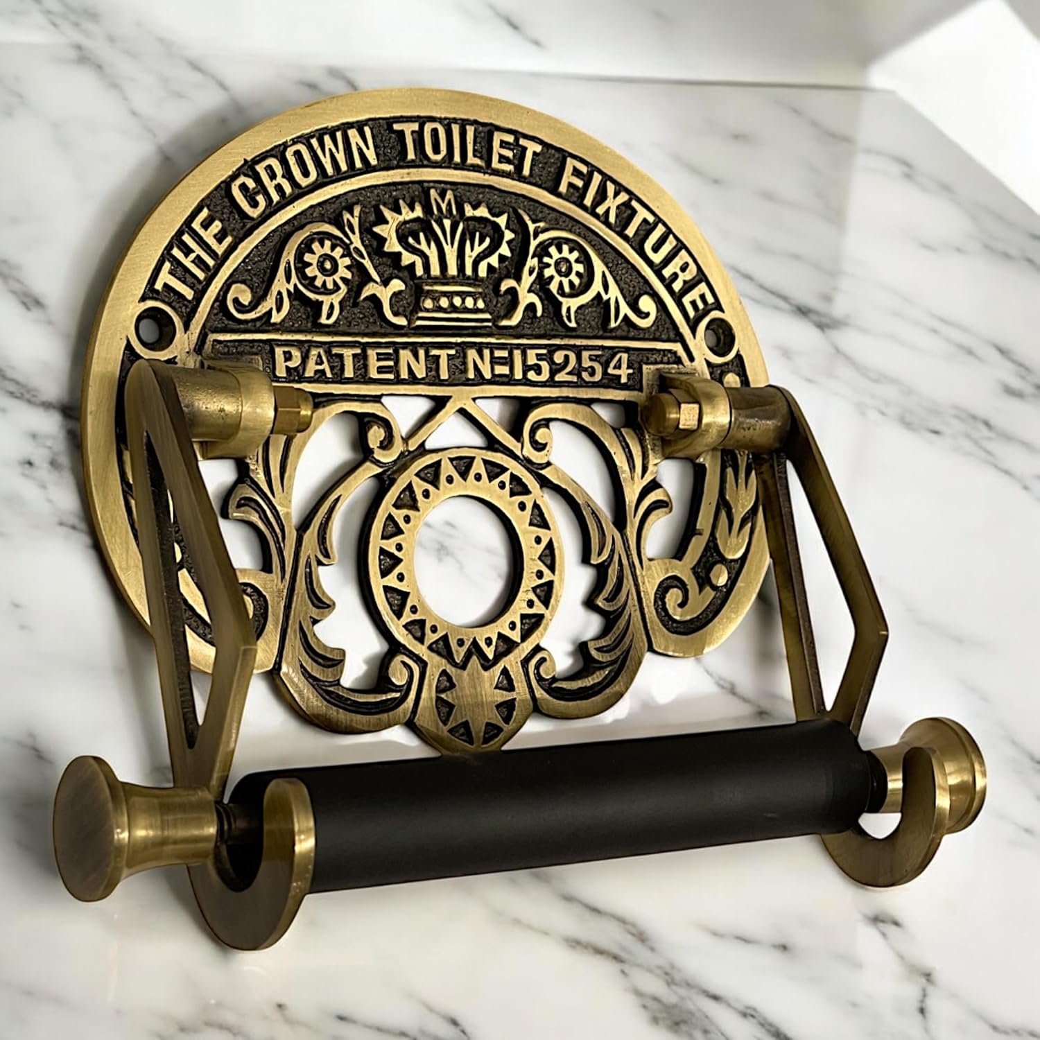 STYLENT Decor Brass Wall Mount Toilet Paper Holder 7.25" Wide Vintage Crown Style Solid Easy Install Toilet Tissue Paper Holders with Wooden Roll for Bathroom (Antique Brass Finish)