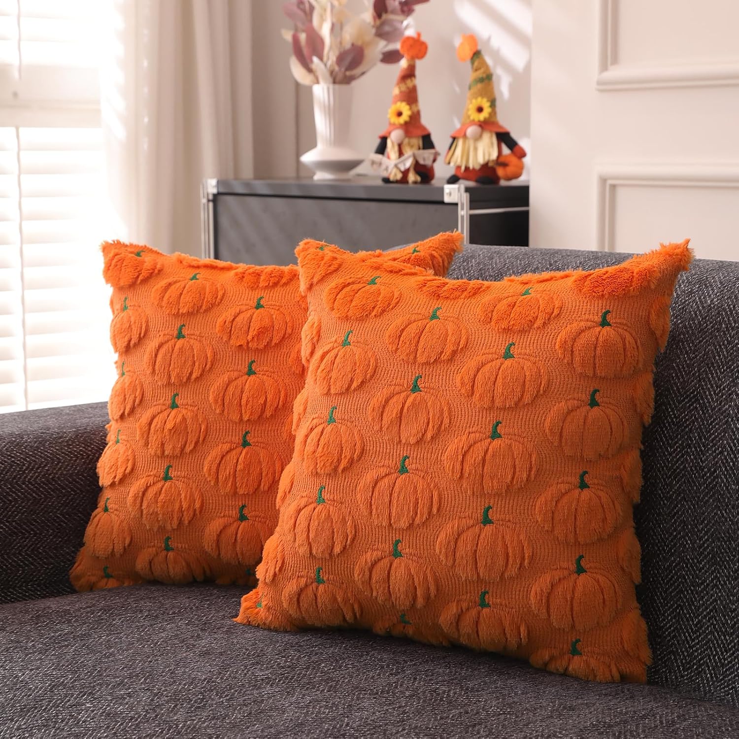 fall pillow covers 20x20 inch set of 2 for fall decorations autumn orange embroidered pumpkin soft plush faux fur wool throw pillow cushion covers for sofa living room couch bed home decor 20" x 20" (pack of 2) orange