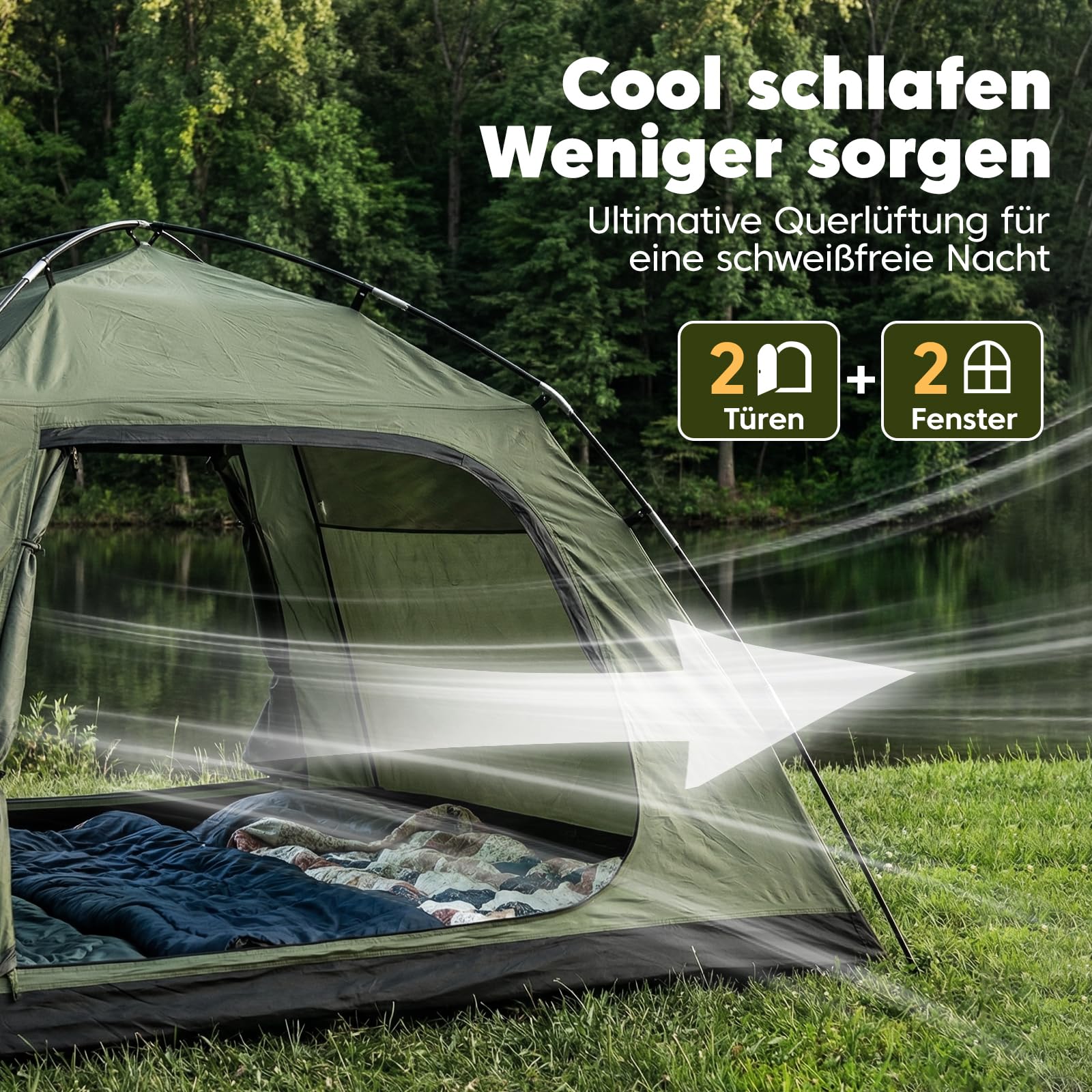 Purebox Zelt 3-4 Personen Camping Zelt mit 2 Türen & Regenabdeckung, Wasserdichtes Windstabiles Familienzelt mit Netzbelüftung