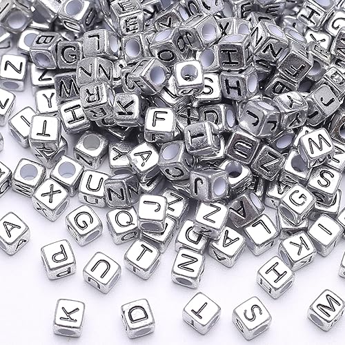 1000 cuentas de cubo de color negro del alfabeto, plateadas, metálicas, cuentas cuadradas retro de letras vintage con agujero grande, letras "A-Z