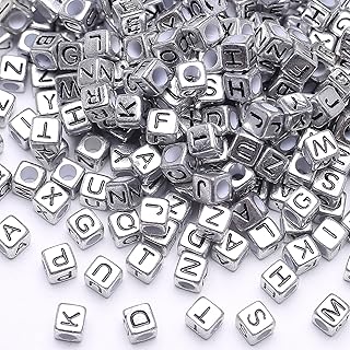 HERZWILD 1000pcs Black Alphabet Silver-Metallic-Color Cube Bead Retro Silver Square Letter Beads Vintage Silver Cube Alphabet Large Hole Beads Alphabet “A-Z”Cube Beads for DIY Craft