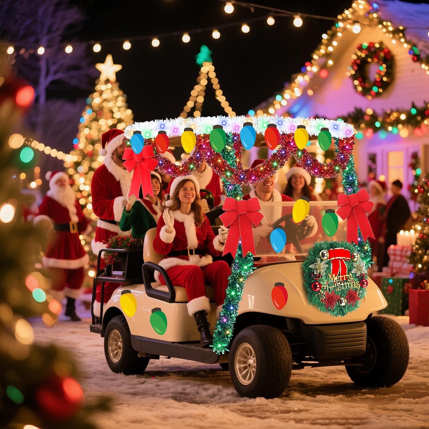 38pcs christmas parade golf cart decoration kit with light string golf cart supplies christmas wreath bow red green white tinsel garland colorful bulb cutouts with glue for holiday parade decoration