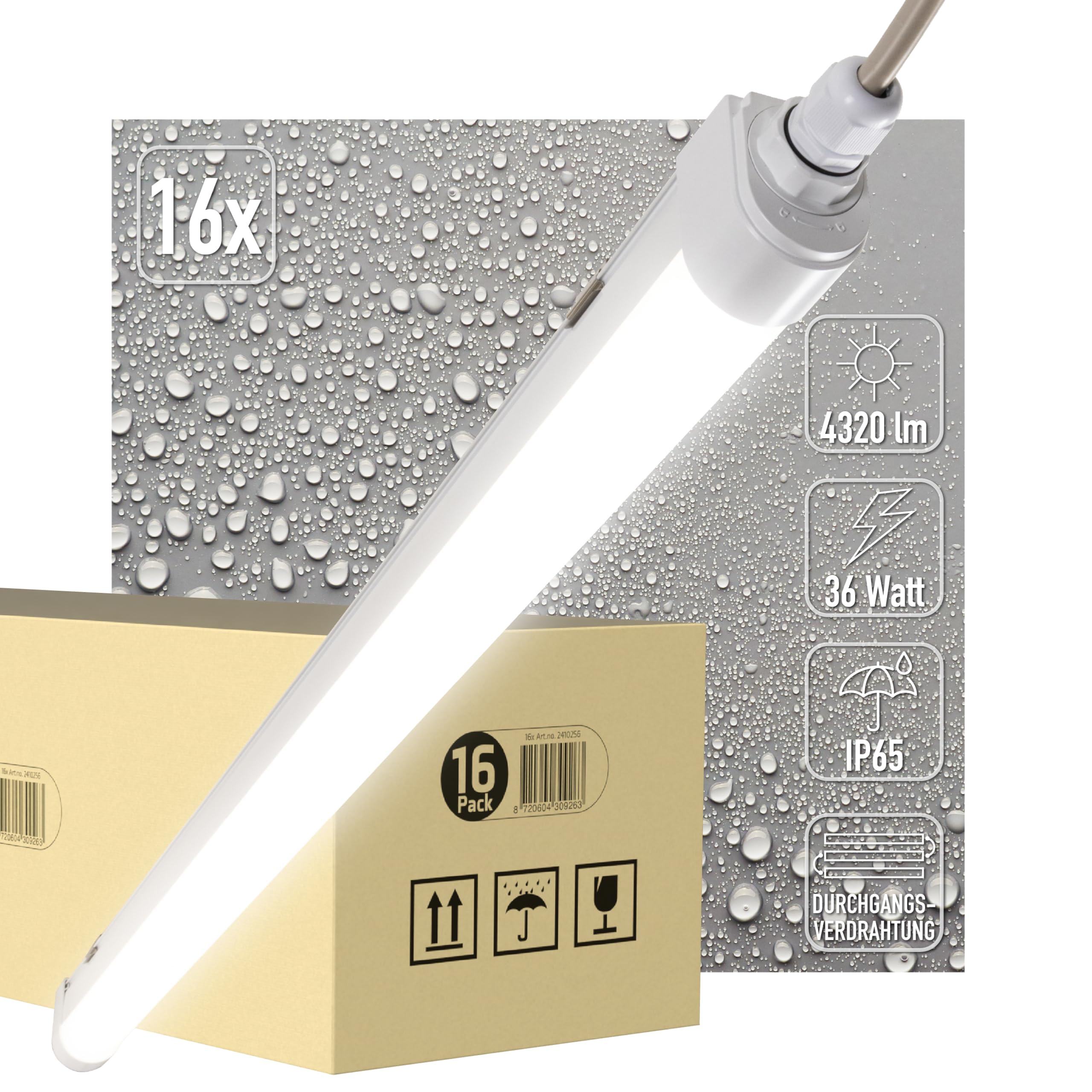 Proventa LED Feuchtraumleuchte 120cm 16-Pack IP65 36W 4320lm 4000K neutralweiß – durchverdrahtet & verknüpfbar, flimmerfrei, Wannenleuchte für Keller, Garage, Werkstatt, Industrie & Lager