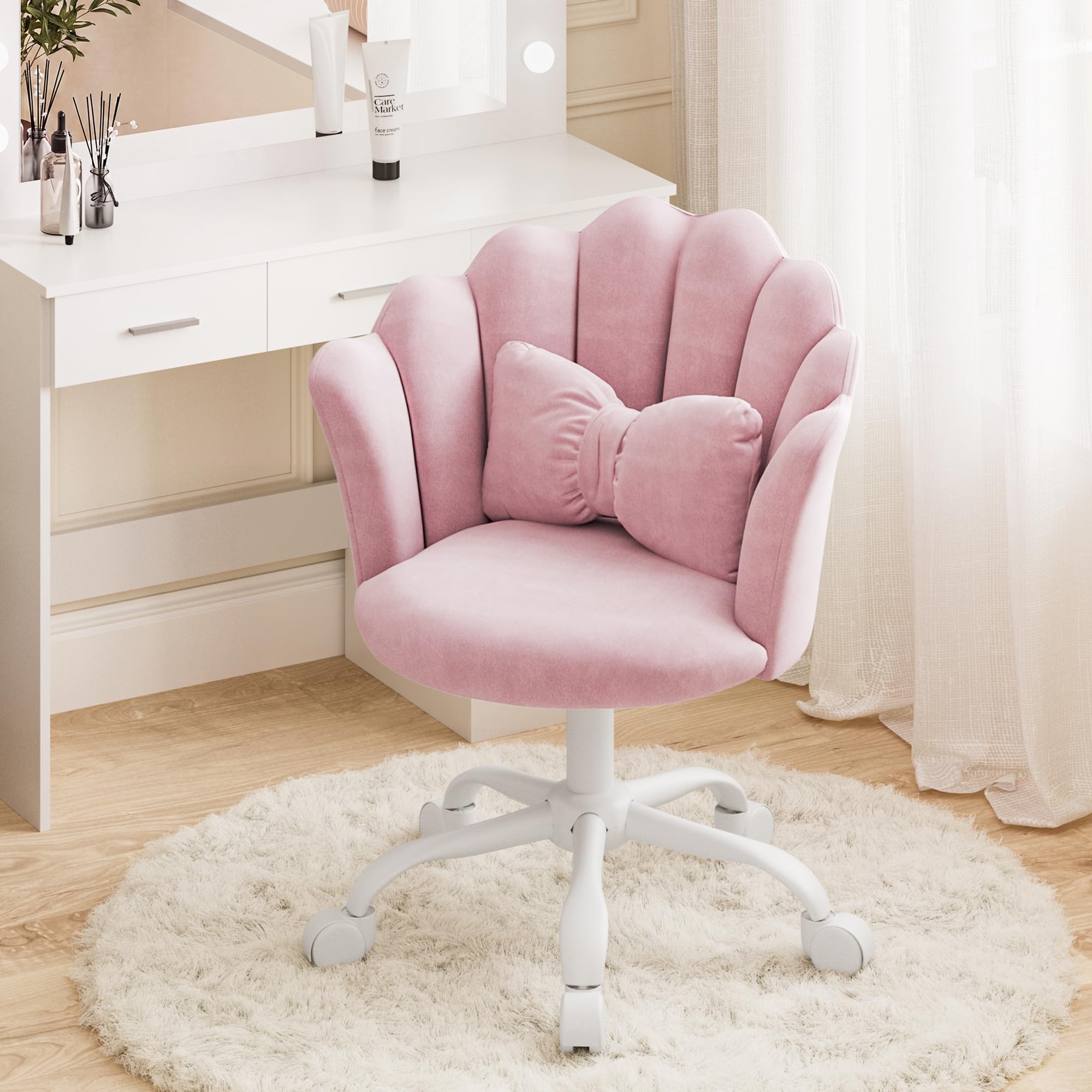 Vanity Chair with Wheels, Velvet Swivel Desk Chair with Padding Pillow