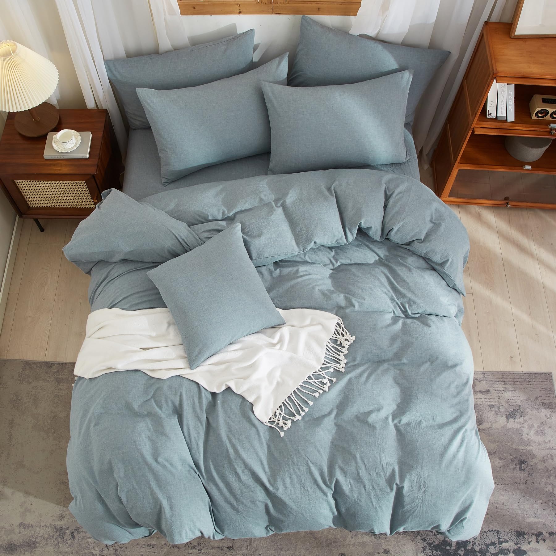 Copripiumino Mezza Lino 140 x 200 Blu - Set da letto misto morbido e traspirante e morbido, in cotone, biancheria da letto singolo, con cerniera e federa 65 x 65 cm