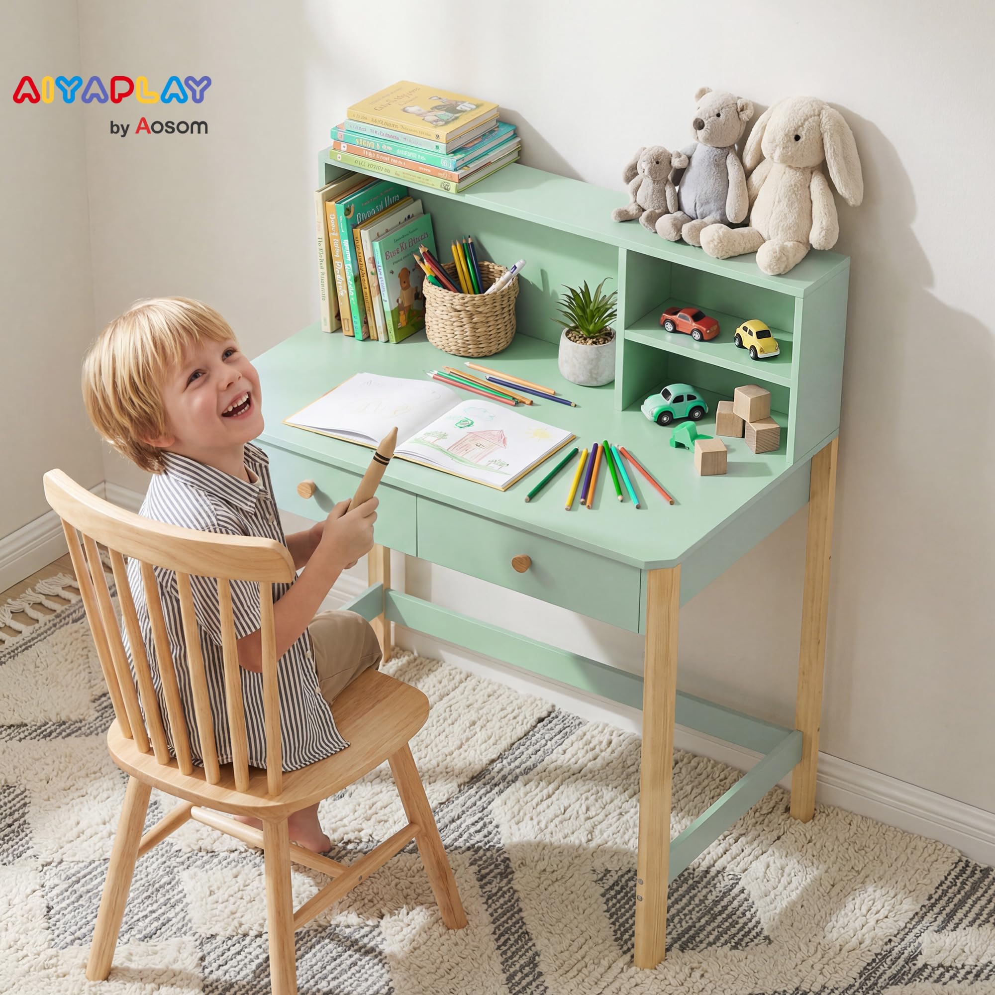 AIYAPLAY Scrivania per Bambini con 3 Scomparti e 2 Cassetti, Scrivania in Legno con Spazi per Libri e Giochi, Banco Scuola per Studio e Disegno per Bambini 5-12 Anni, Verde