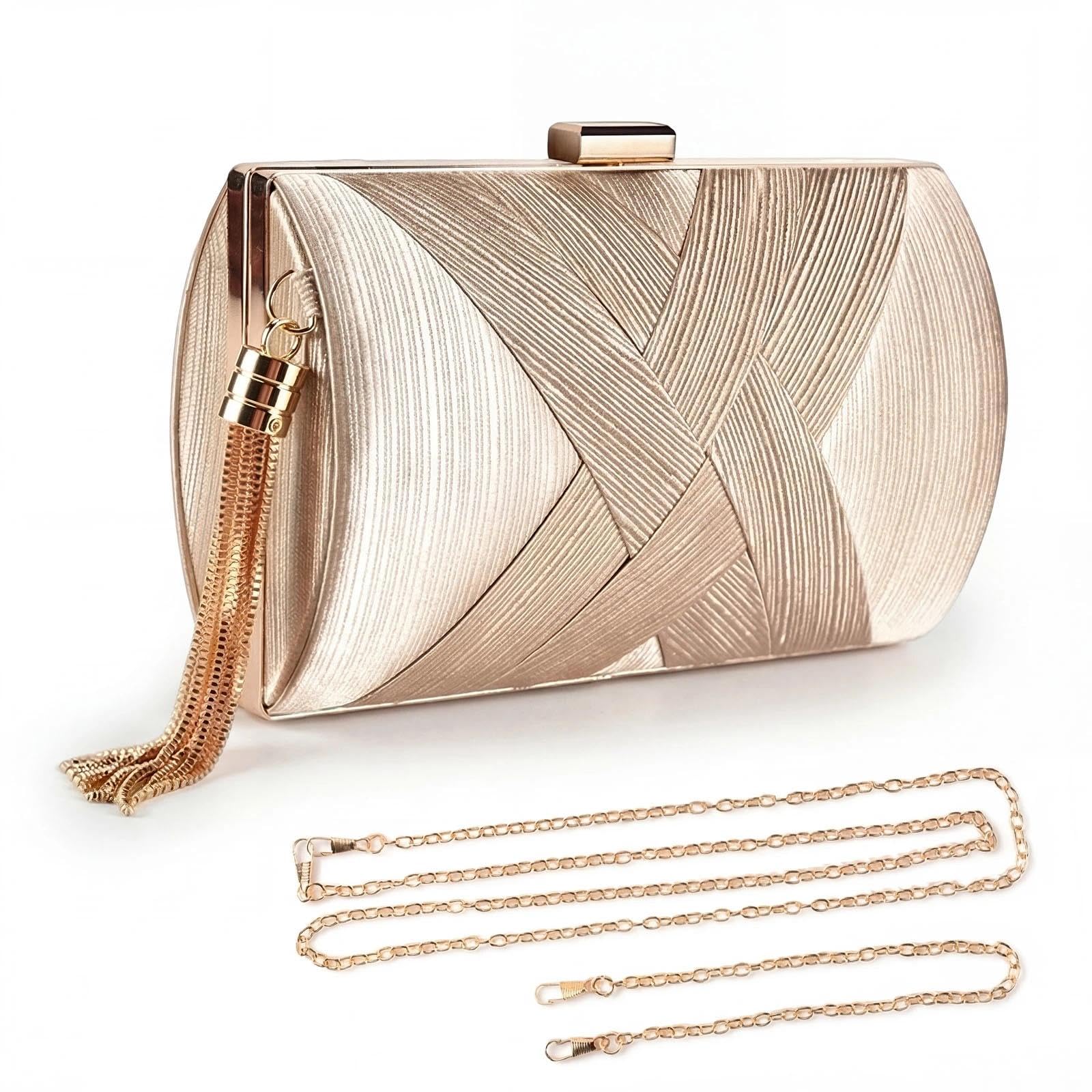Pochette Oro da Sera Clutch Donna Pochette Dorata Cerimonia con 2 Catena, Elegante Borsa da Sera con Nappa da sposa Borsa Tracolla Piccola Borsetta per Feste di Matrimonio (Champagne)