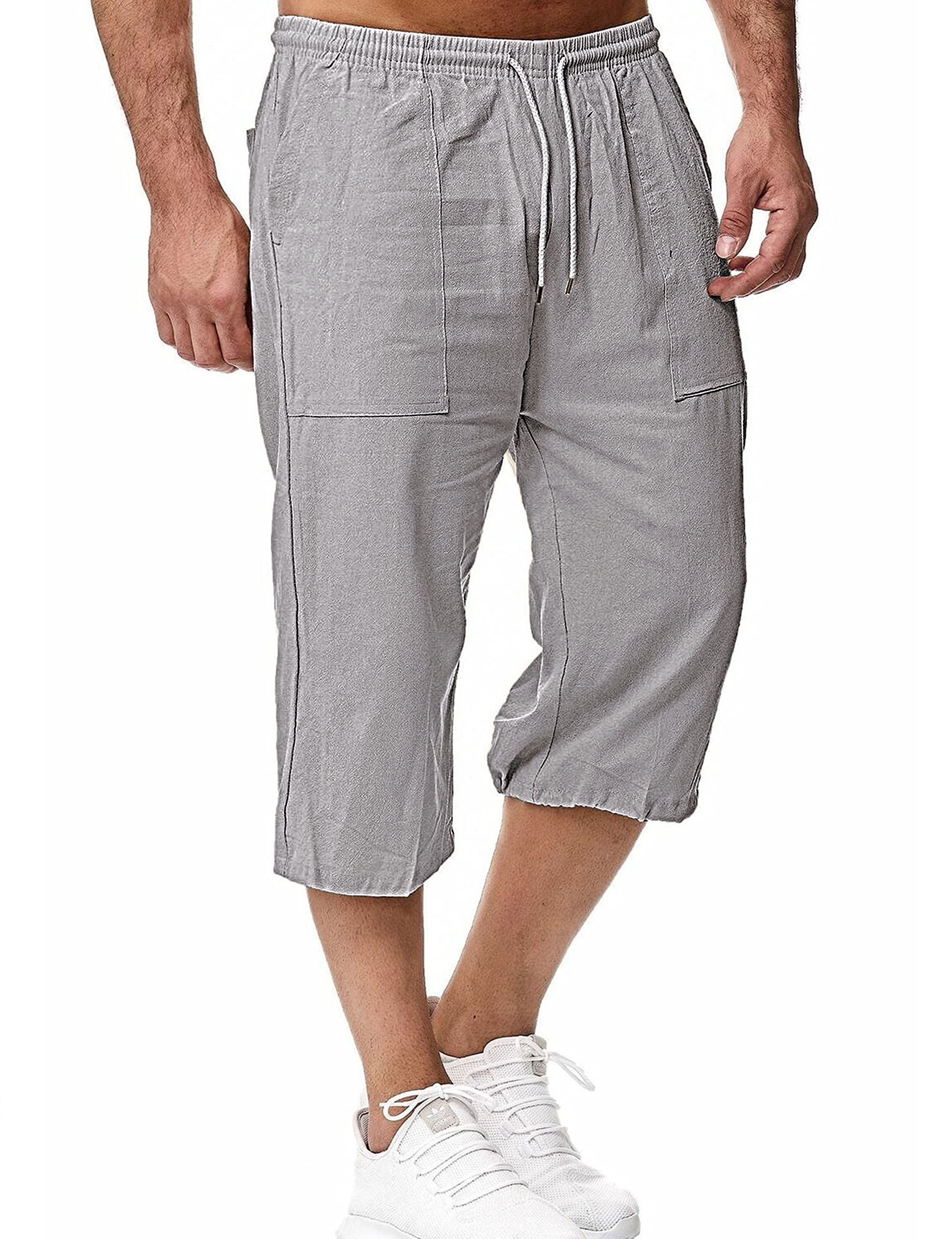 hangnifang Men's Long Linen Shorts Below Knee Pocketed 3/4 Summer Drawstring Capri Pant, Grey, XX-Large-picture-20