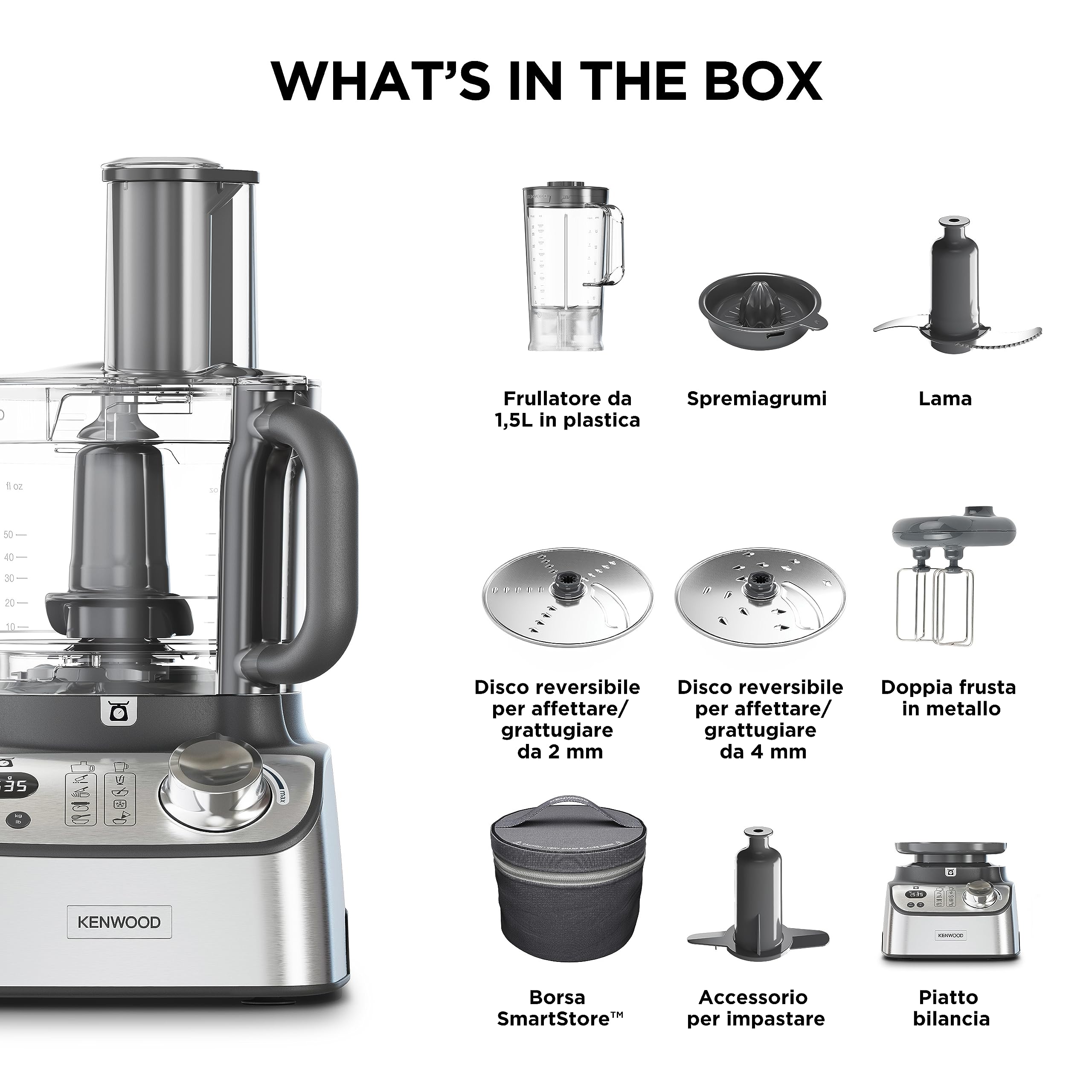 Kenwood FDM71.450SS MultiPro Express Weigh Robot da Cucina con 8 Accessori Dedicati, Velocità Regolabile con Funzione Pulse, Bilancia Digitale Integrata, Capacità 3L, , Argento