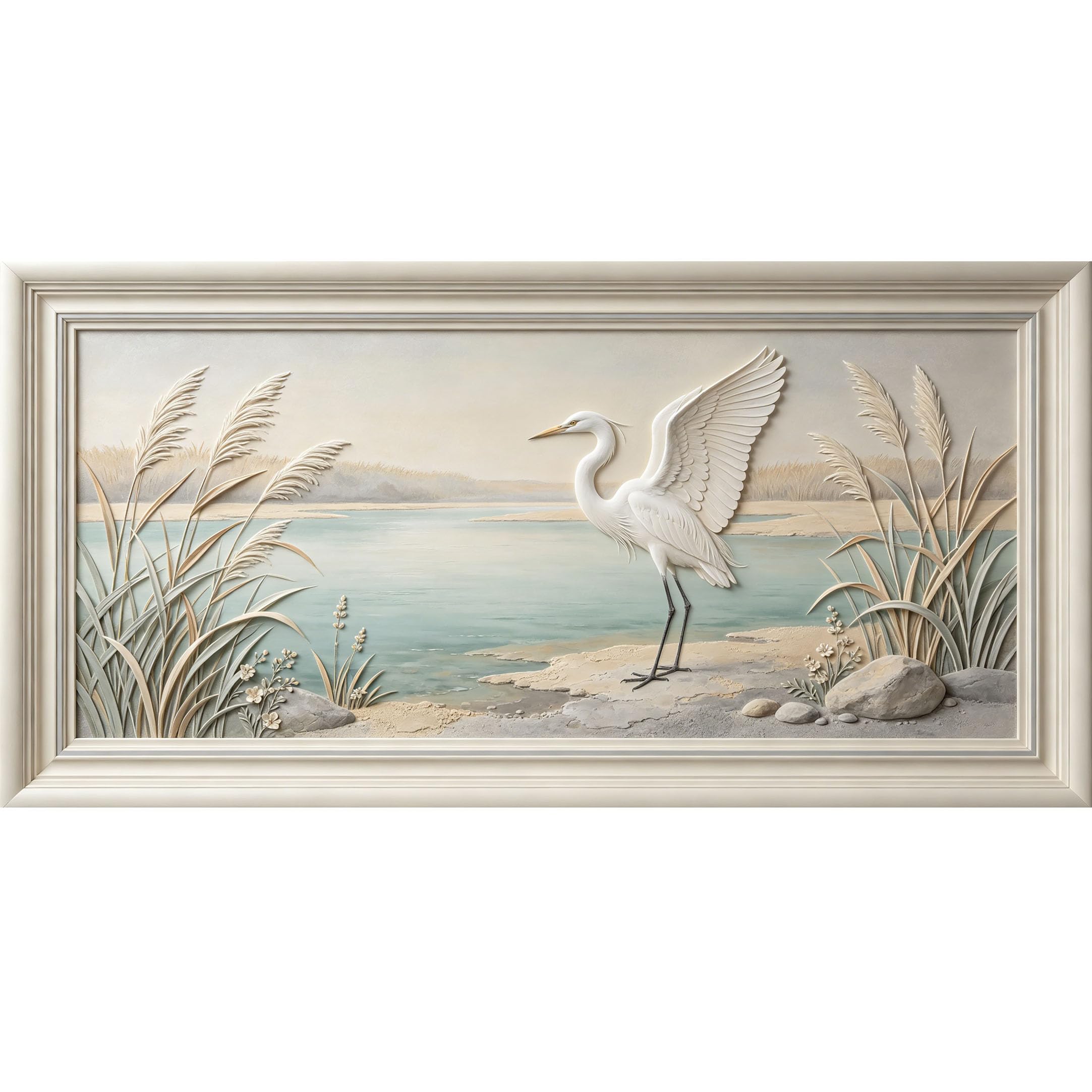 Agglomerix 3D Framed Wall Art White Heron Egret Bird Coastal Lake Landscape Relief Effect Large Size SelfAdhesive Removable Wall Decor Prints Artwork for Living Room Bedroom Office