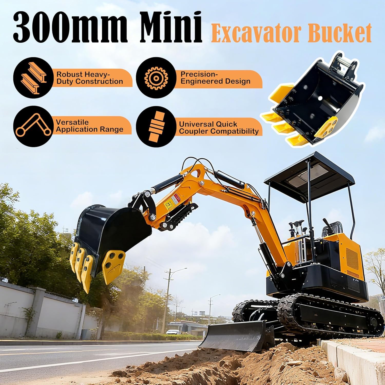 Baggerschaufel für Minibagger, Flache Zähne | Baggerlöffel mit Stiftschaft | Robustes Minibagger Zubehör für Erdverladung, Sand & Aushubarbeiten (50cm, 8T)