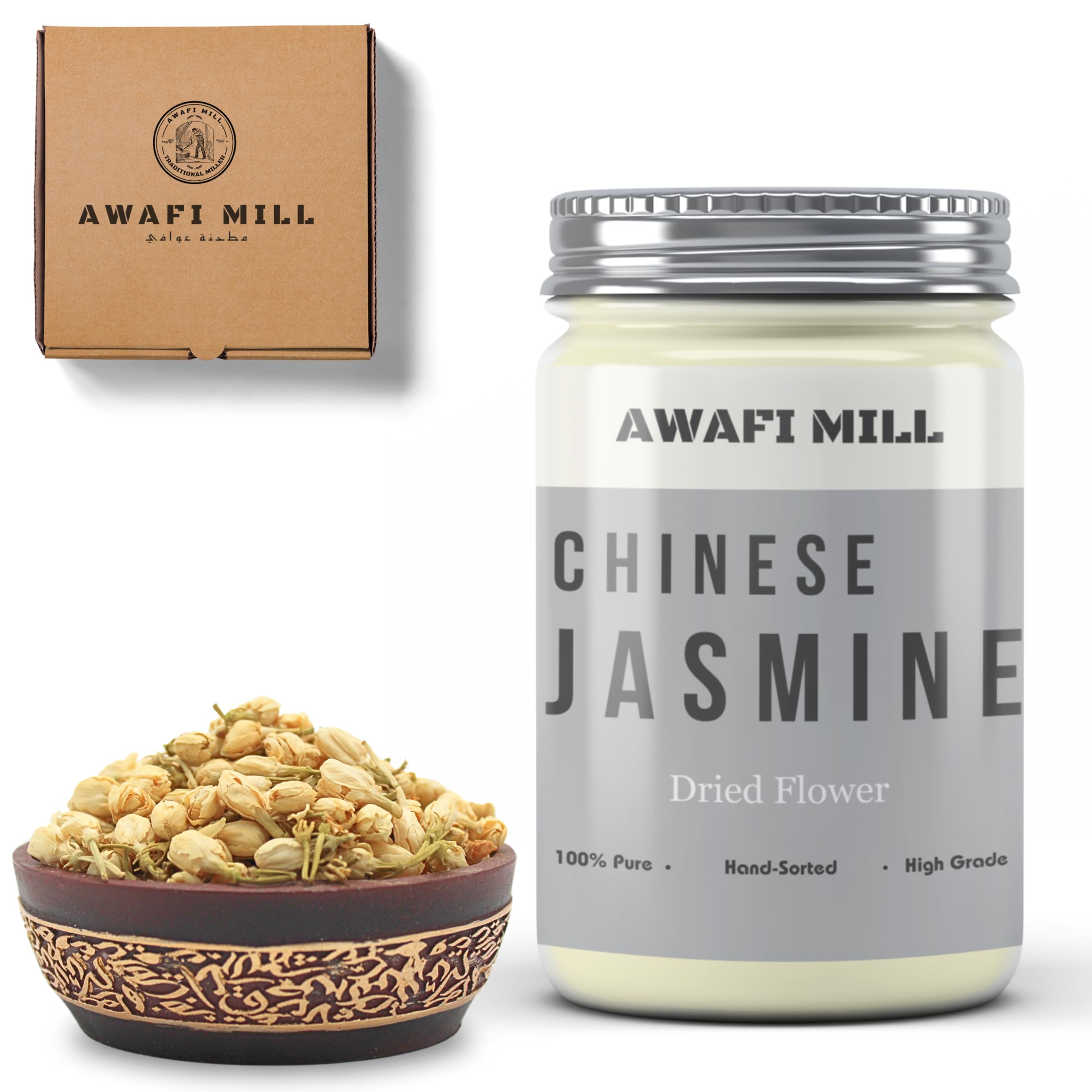 AWAFI MILL Chinese Jasmine Flower - Fragrant and Delicate - Premium Quality - Aromatic Tea Essential - Floral Infusion (Bottle of 50 gram / 1.7 Oz)