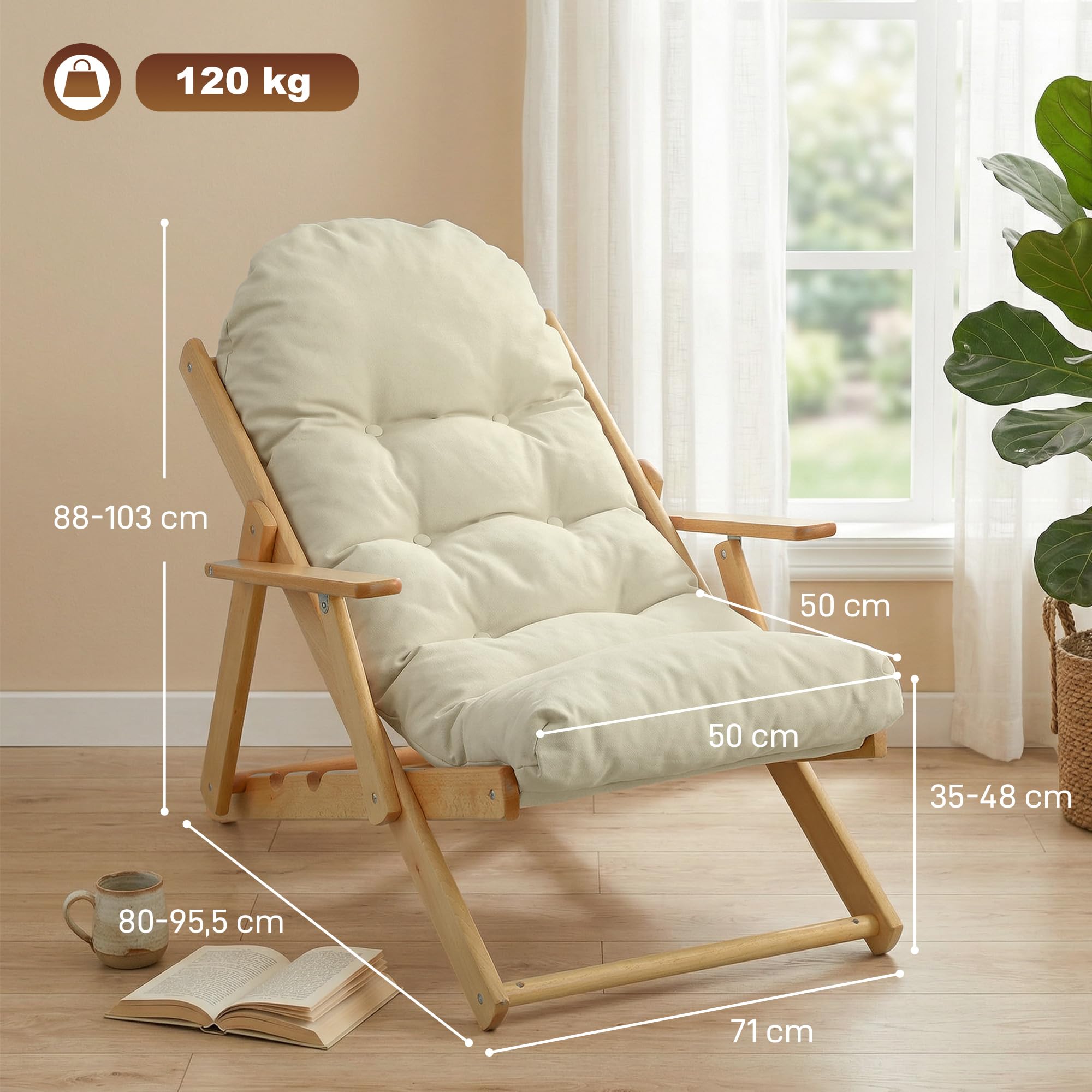HOMCOM Fauteuil Chaise de Salon Pliable et inclinable en Bois Fauteuil Relax Confortable avec Coussin capitonné épais - 71 x 89 x 96 cm crème