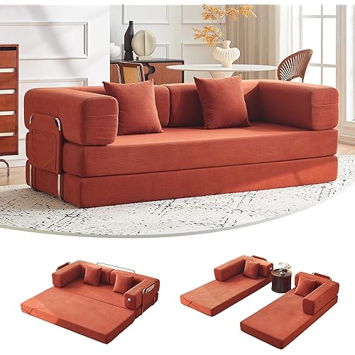 79" Convertible Sofa Bed with Pillows, Corduroy Folding Sleeper Sofa with Fixed-Shape Frame, Boneless Couch for Living Room Bedroom, Floor Sofa Lounge No Assembly Required (A - Style-Orange)