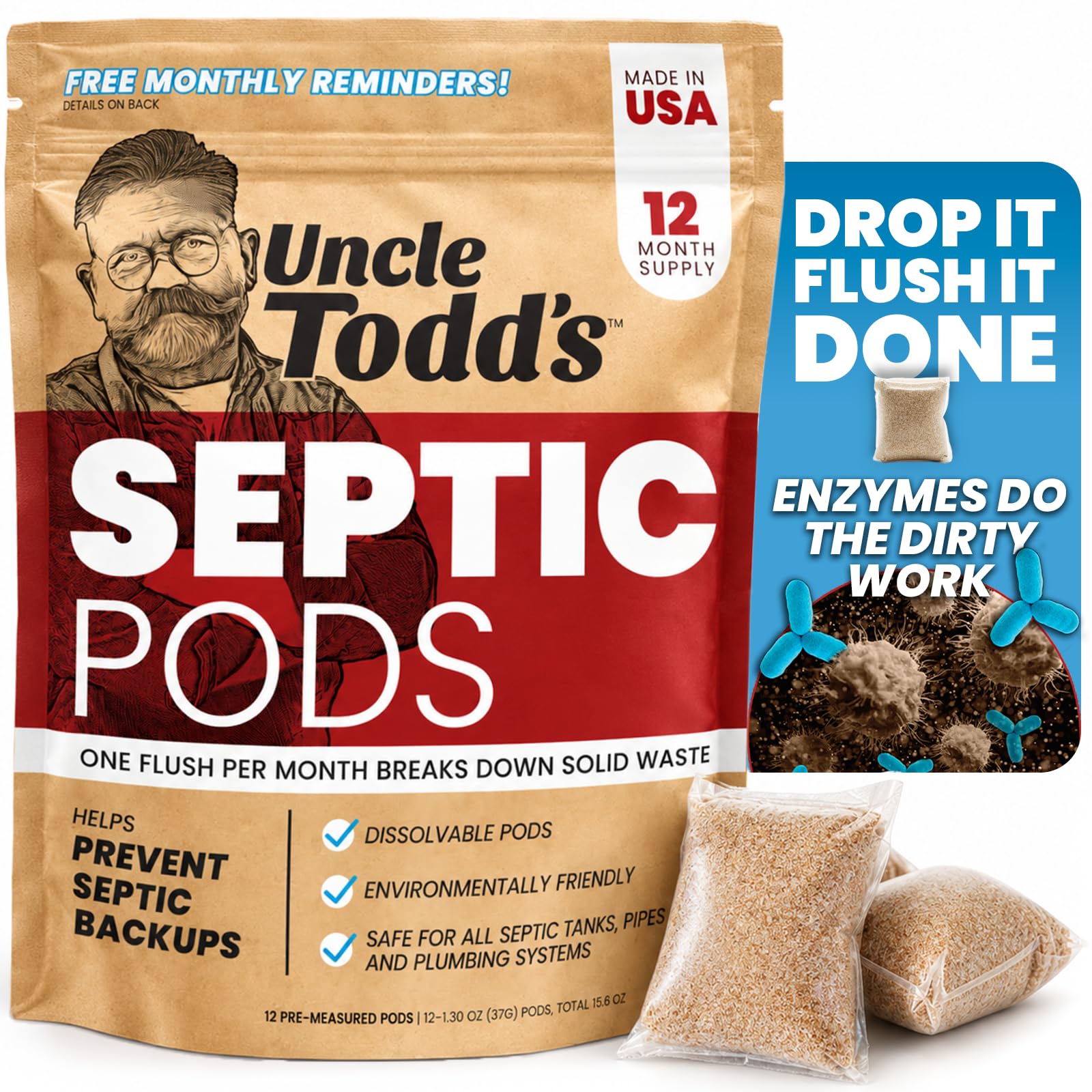 Septic Tank Treatment Pods, Enzyme &amp; Live Bacteria, 12 Month Supply, 12 Ct
