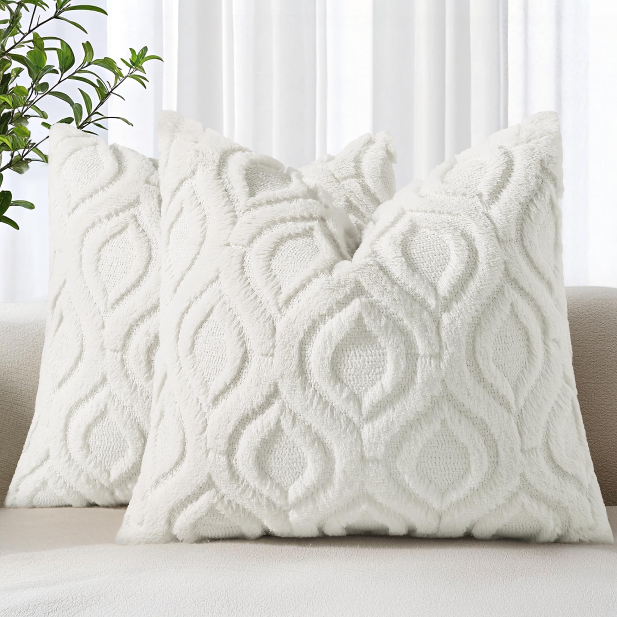 decorUhome Set of 2 Faux Fur Cushion Covers 55x55 cm, Decorative Soft Plush Fluffy Velvet Cushion Cover 22X22 Inch, Square Boho Neutral Pillow case for Sofa, Cream White