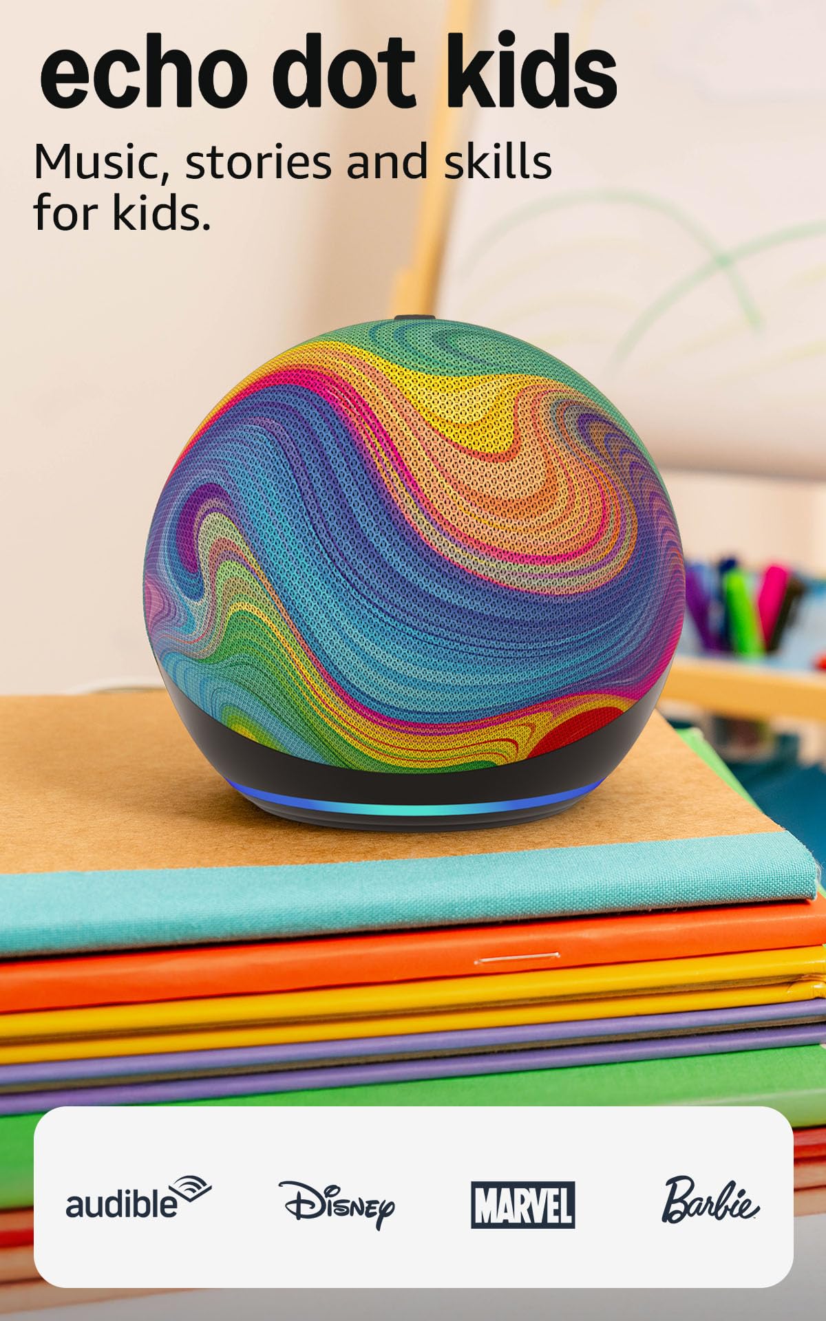 Marketplace Echo Dot Kids (newest model) - Designed for kids, Designed for Alexa+, parental controls, Includes 1 Year of Marketplace Kids+, Rainbow Swirl Rainbow Swirl Device only