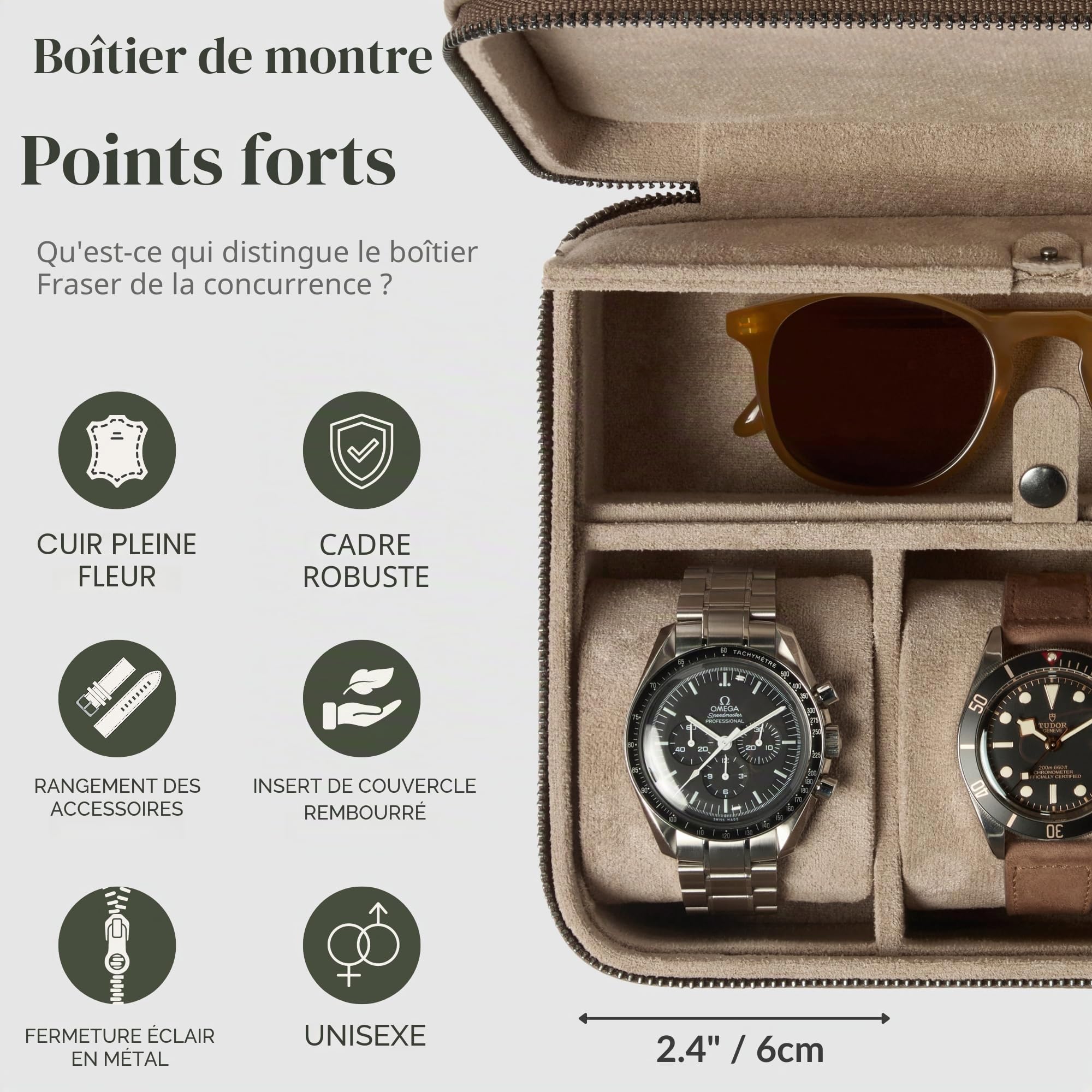 TAWBURY Boîte de rangement portable à 3 emplacements pour montres pour la maison et les voyages avec coussins extra larges pour grandes montres et compartiment pour rangement d'accessoires (taupe)