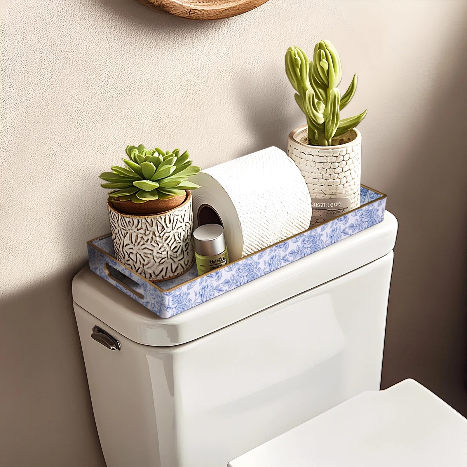 MAONAME Bandeja de tocador de plástico, bandeja estrecha para encimera de baño, bandejas decorativas azules con asas, organizador de bandejas de tocador para tanque de inodoro, joyas, maquillaje, 13.8