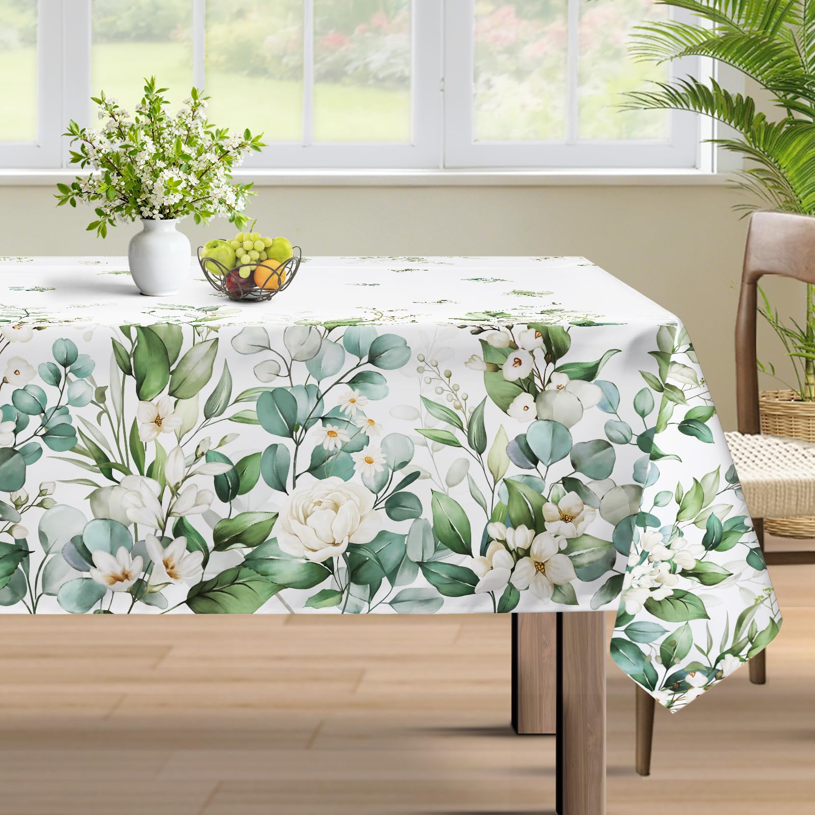 hometrixx Spring Rectangle Table Cloth Eucalyptus Leaf Washable Polyester Oil-proof Tablecloth Stain Wrinkle Resistant Table Cover for Baby Shower Party Kitchen Decor, 152 x 264cm Sage Green