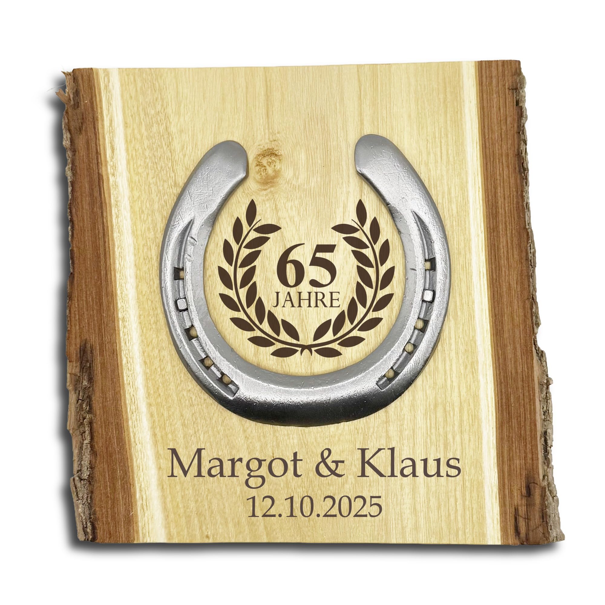 Glückshufeisen Holz, Eiserne Hochzeit 65 Jahre, personalisiert