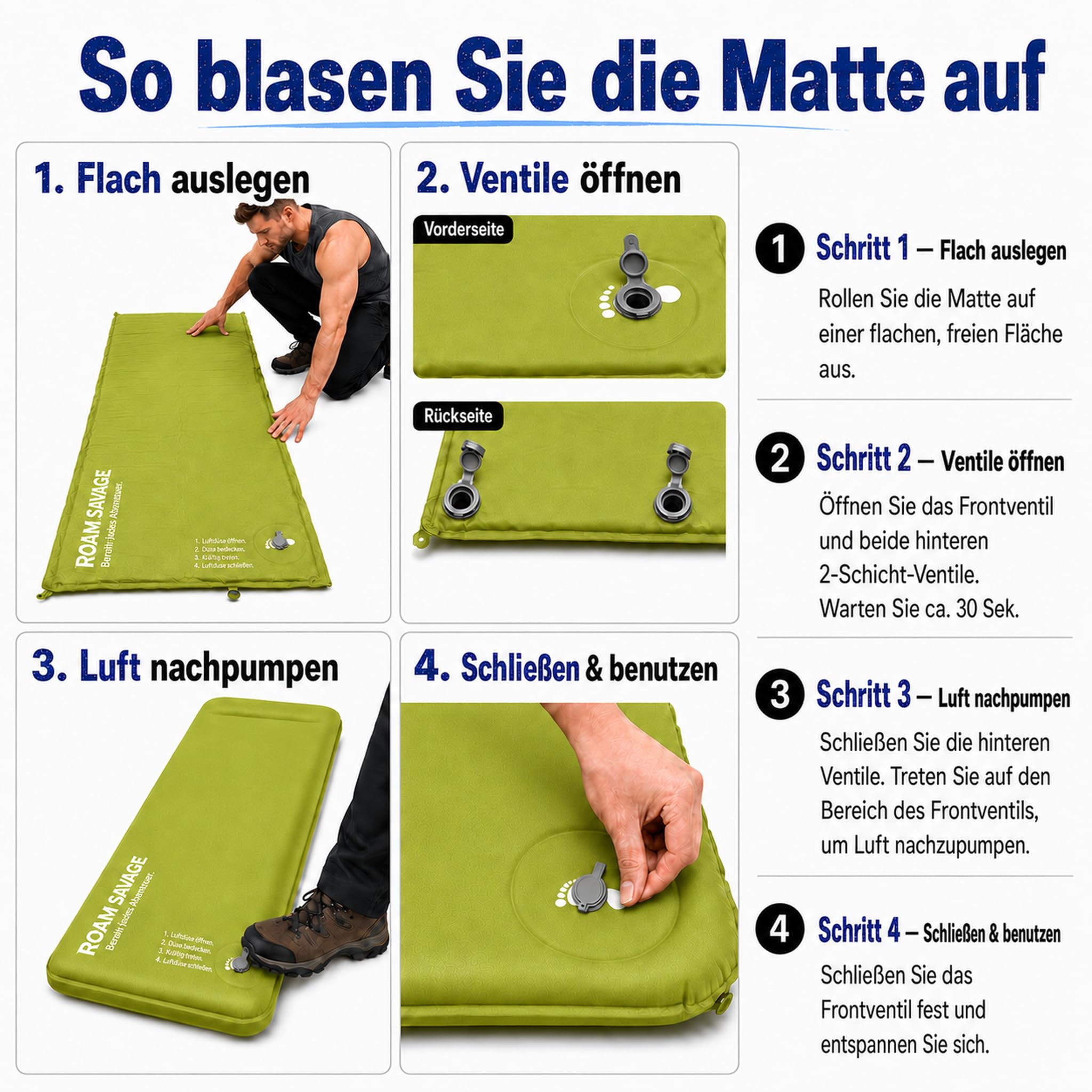 ROAM Savage Selbstaufblasende Camping-Isomatte, 7 cm Schlafmatte mit Kopfkissen, R-Wert 8,0 Isolierung, 50D TPU-Gewebe, koppelbare Luftmatratze für Camping, Wandern und Reisen