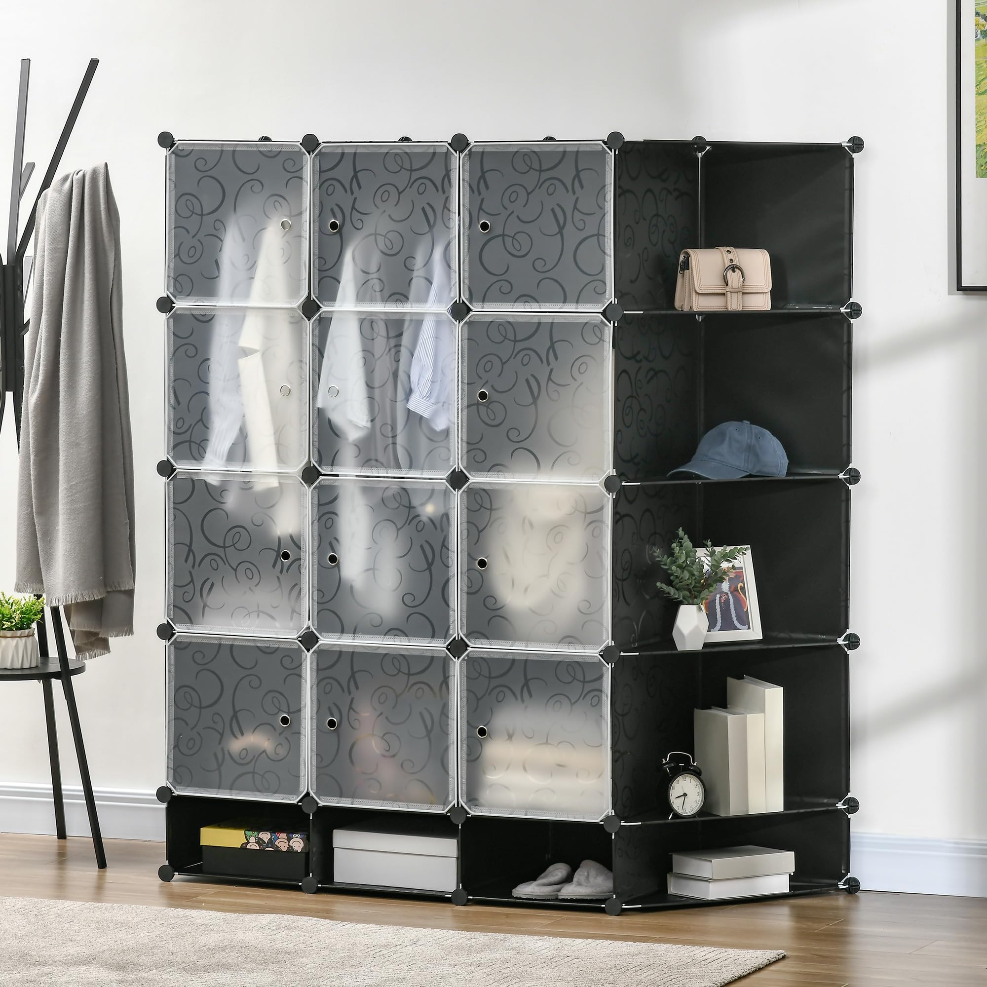 HOMCOM Armario Modular de Plástico con 16 Cubos y 2 Barras Negro y Blanco