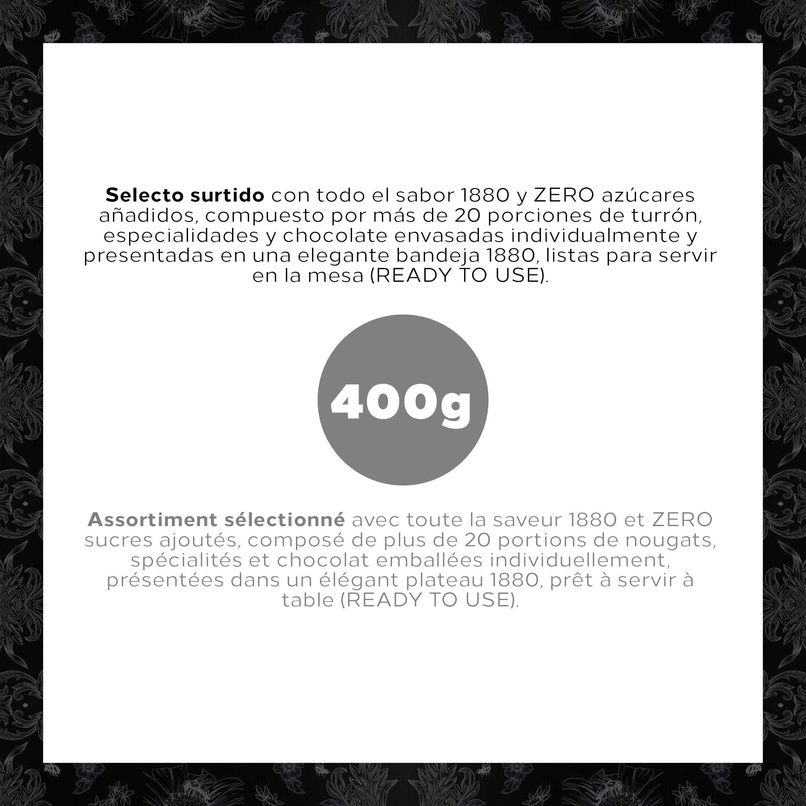 1880 - Bandeja Selección 0% Azúcares Añadidos, Caja, El Turrón más Caro del Mundo, Selección Navidad Calidad Suprema, Típico Dulce Navideño, Receta Artesanal, Listo para Servir, 400g