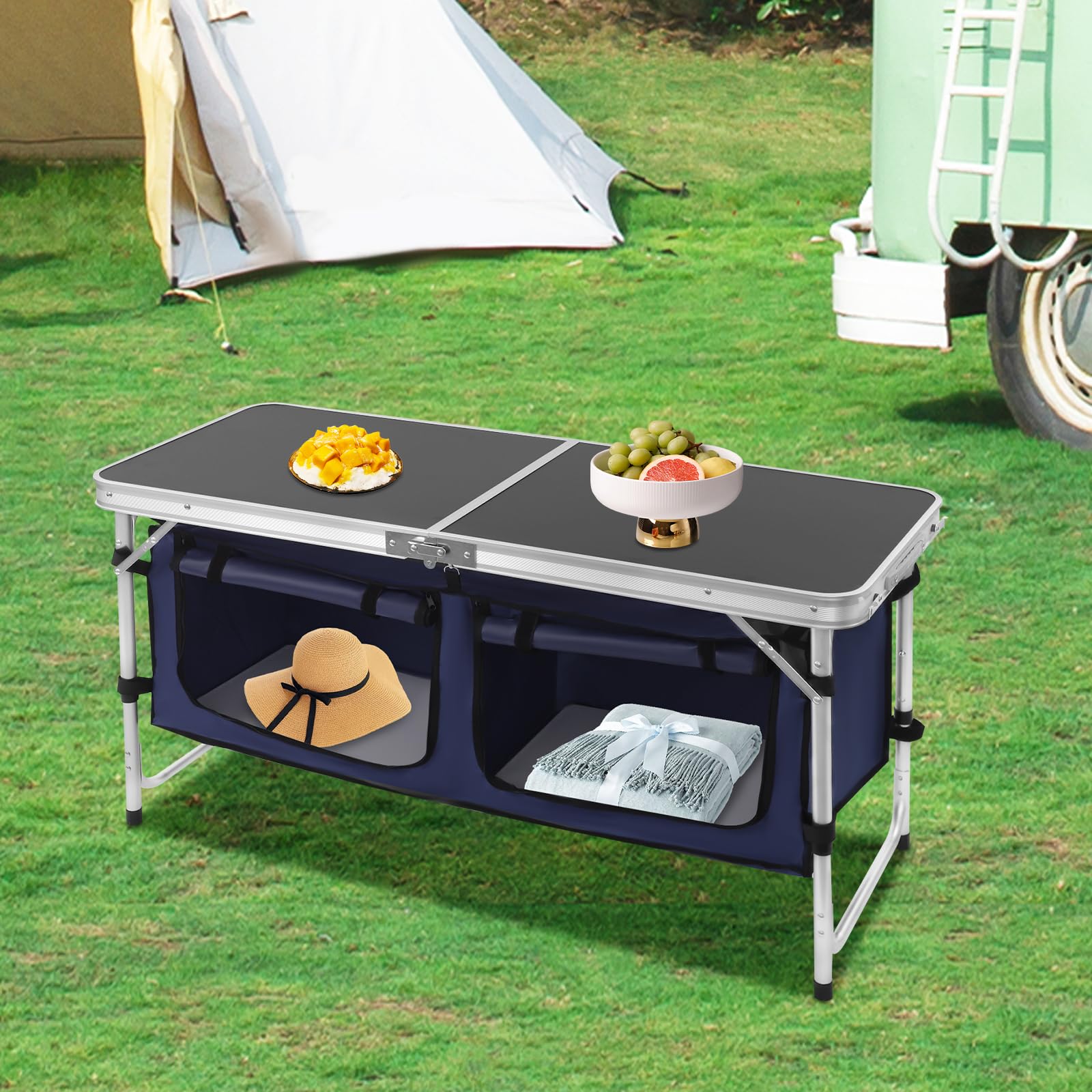 Składana szafka kempingowa, aluminiowa, stół kempingowy, z regulacją wysokości, z miejscem do przechowywania, meble kempingowe, stół ogrodowy, nośność do 35 kg, na piknik, plażę, na zewnątrz
