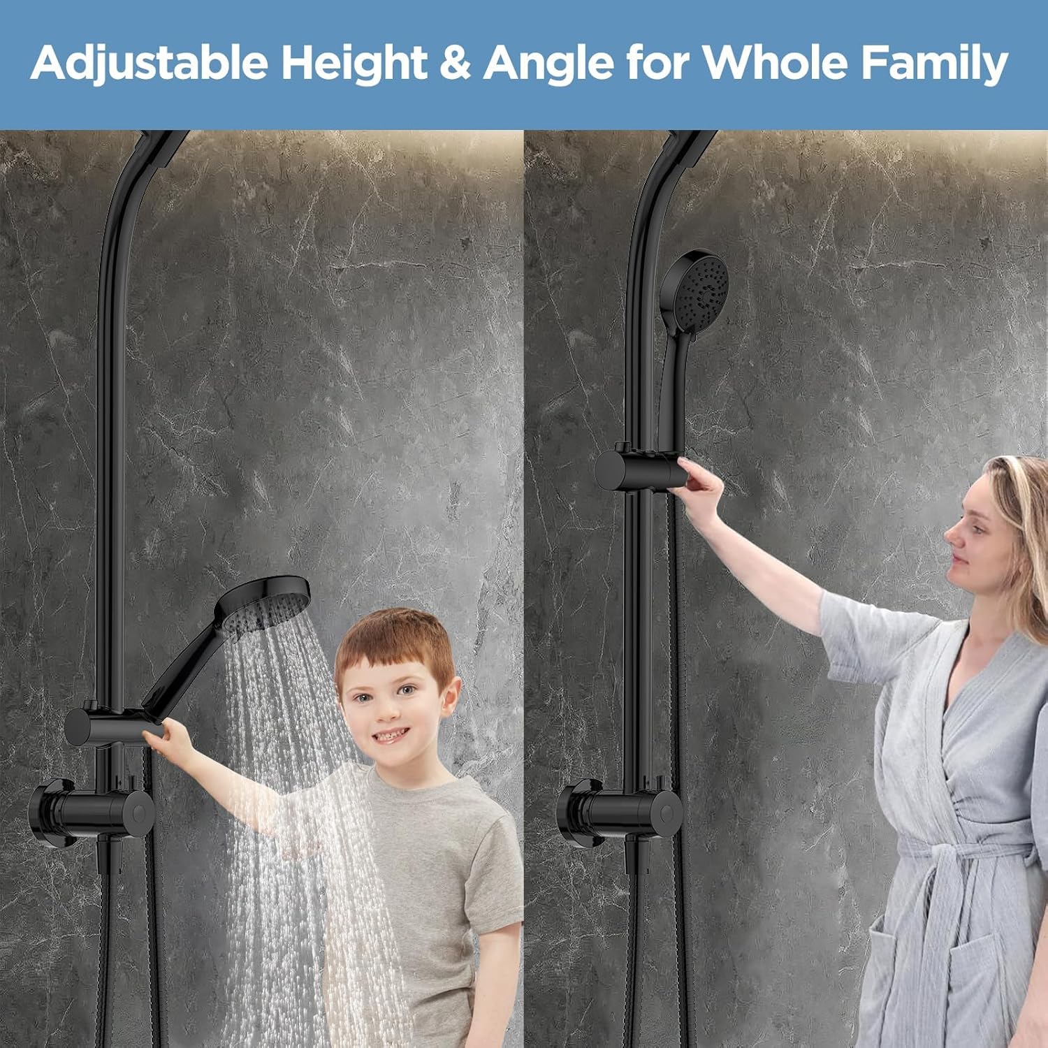 MakeFit Drill-free Dual Shower Head with Handheld Combo Rainfall Shower Head Easy Reach 3-way Diverter Stainless Steel Slide Bar with Height Adjustable Holder Adjustable Rain Showerhead (Black)