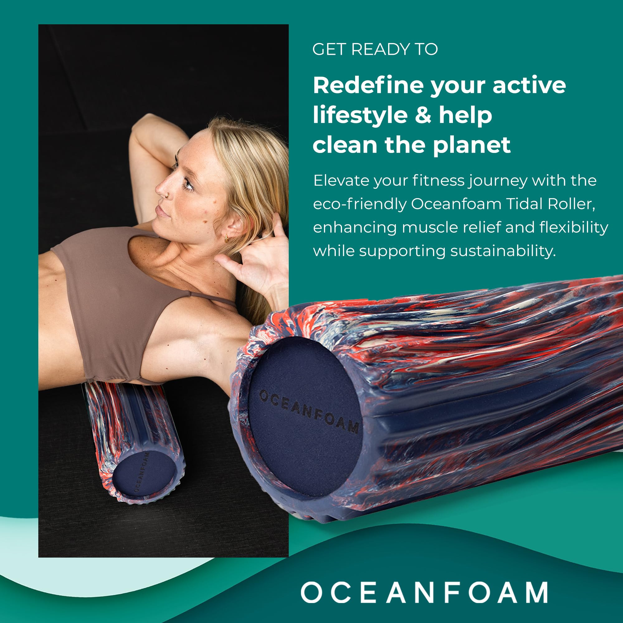 Oceanfoam Tidal Roller - Rodillo de espuma para masaje muscular para dolor de espalda y estiramiento, textura de onda ancha, diseño ergonómico, yoga y atletismo, tamaño completo, 20 x 5 pulgadas, rojo
