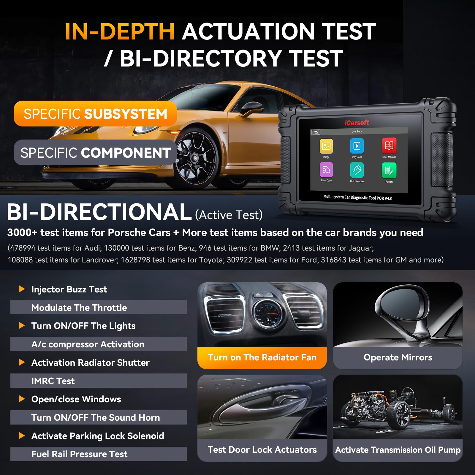 iCarsoft Professioneller Diagnosescanner für Porsche, POR V4.0 Vollsysteme Bidirektionales Werkzeug + 2 zusätzliche Markenpakete, 27+12 Services, Auto-VIN, Batterieregistrierung, lebenslanges