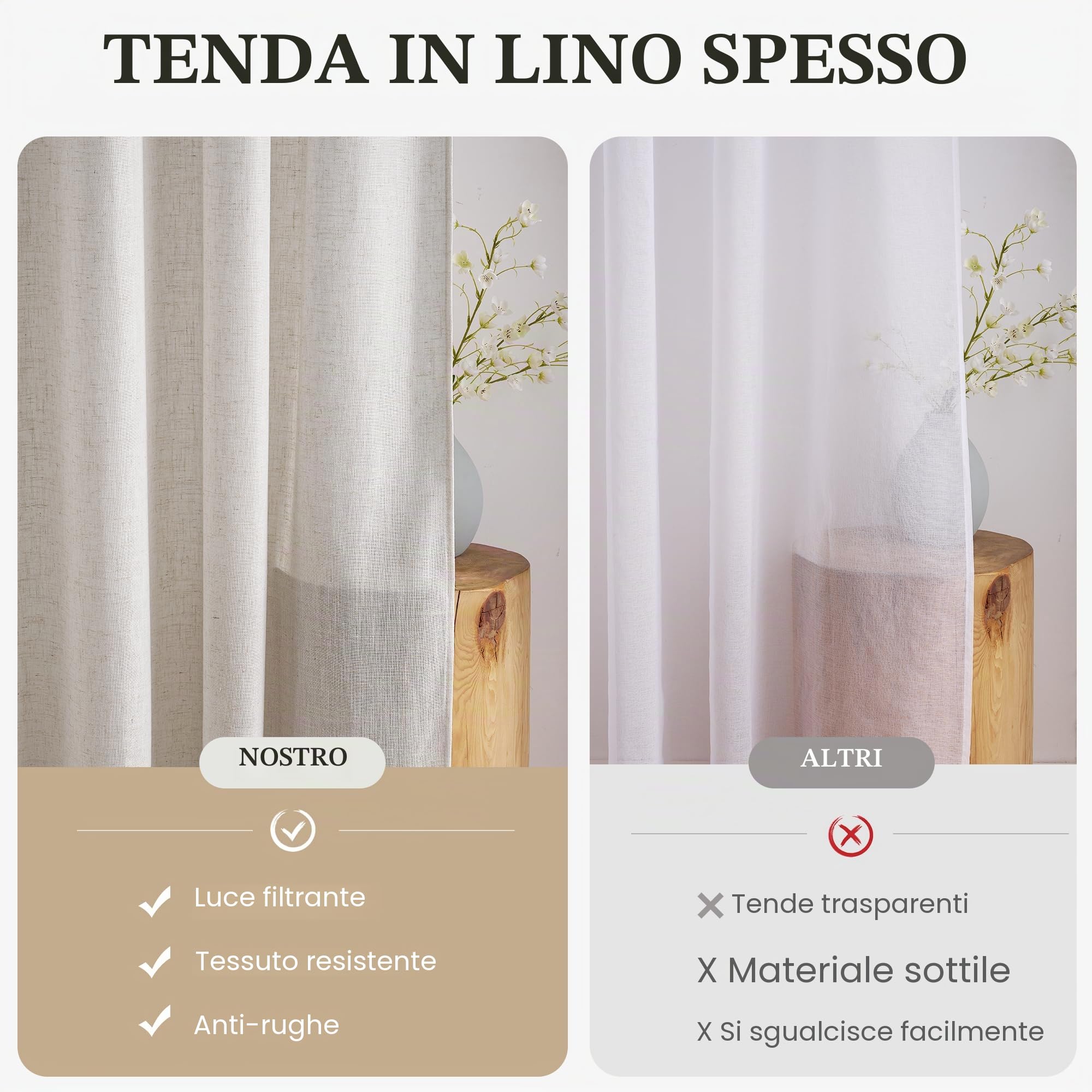 PONY DANCE Tende Soggiorno in Lino 220g/m² Filtro Luce per Interni 2 Pezzi L 140 x A 225 CM Tenda Semitrasparenti Camera da Letto con Anelli Linen Curtains Cameretta Bambini, Bianco Lino Naturale