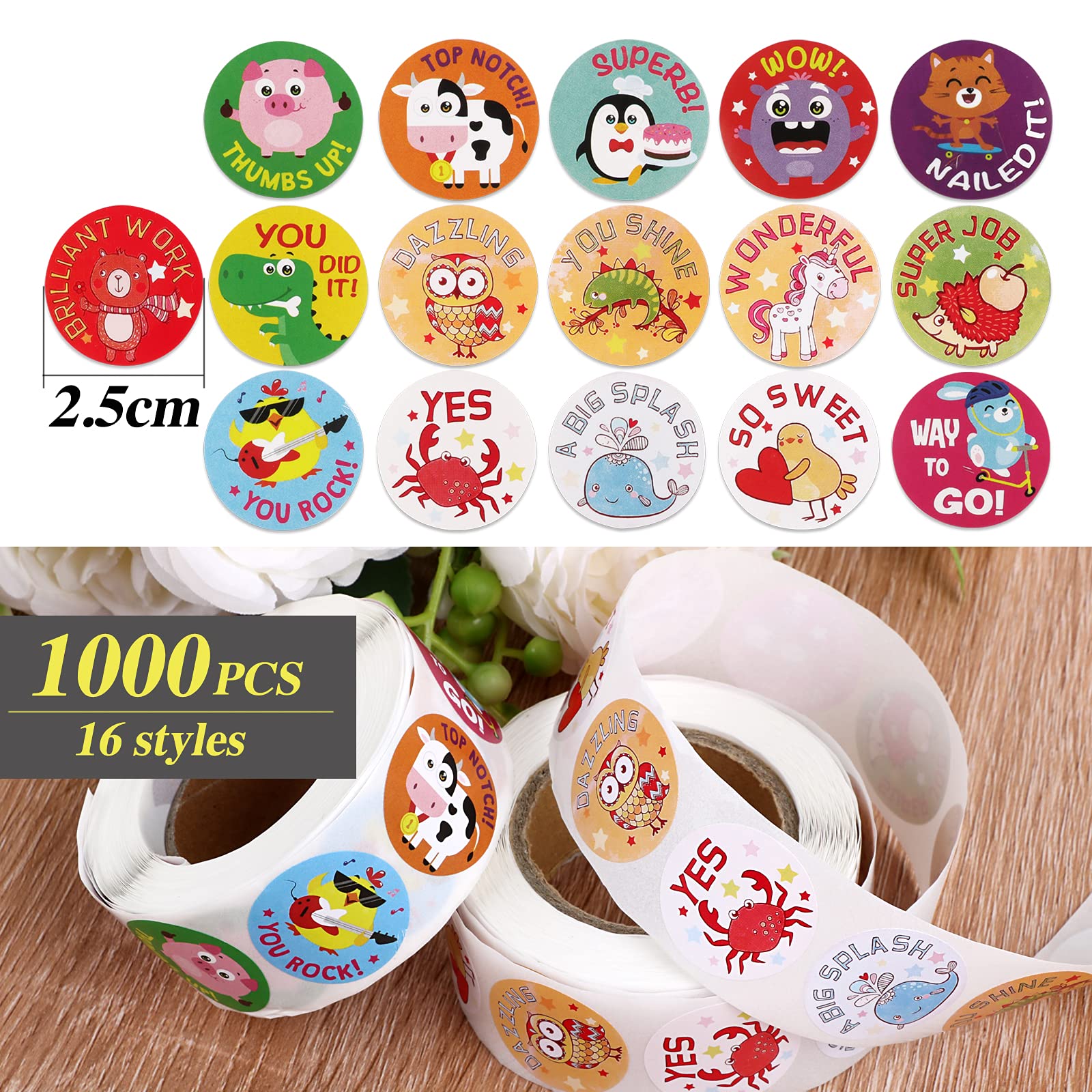 1000 Pcs (2 Roll, 1 Inch) Reward Stickers Roll Animal Cartoon Lovely Stickers Fun Motivational