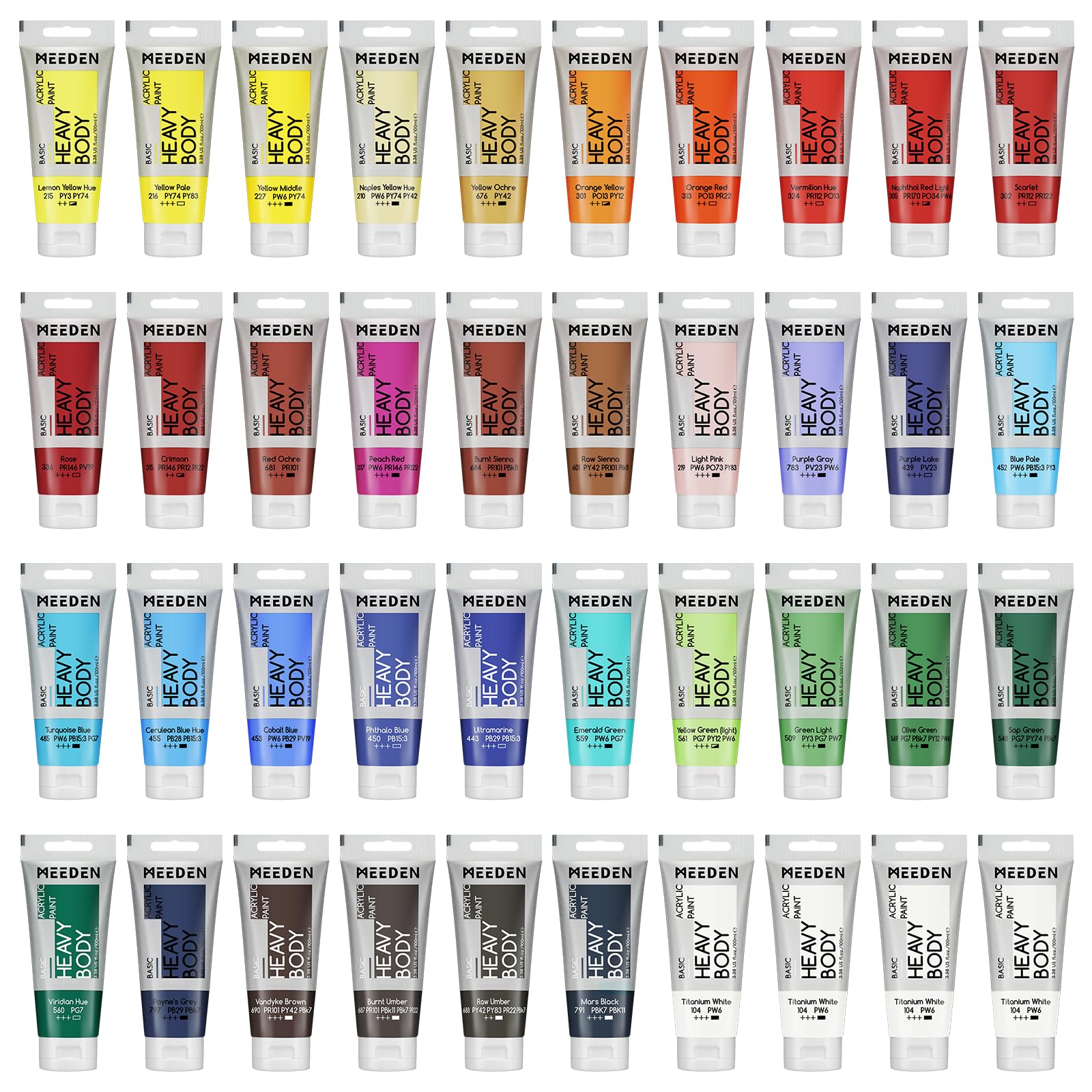 MEEDEN Acrylic Paint Set: 100ml/3.38oz x 40 Tubes - Heavy Body Acrylic Paint Set including 36 Colors & 4 Titanium White Colour Tubes