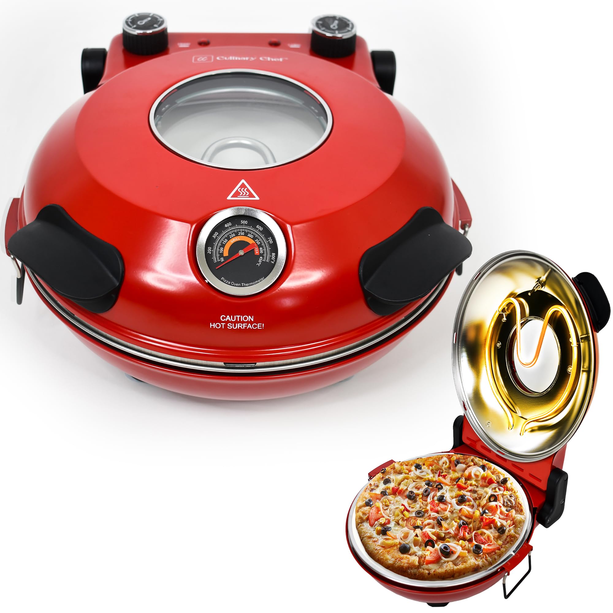 Electric Pizza Oven with Ceramic Stone, Viewing Window, Adjustable Heat Control, Timer and 1200W Baking Power, DIY Homemade Pizzeria, Large 12” Pie Capacity (Red)
