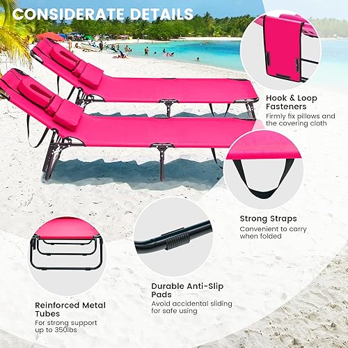 Miniatura 5 de GYMAX Silla bronceadora, silla de playa de 350 libras con orificio facial, almohada lavable y correa de transporte, tumbona plegable ajustable