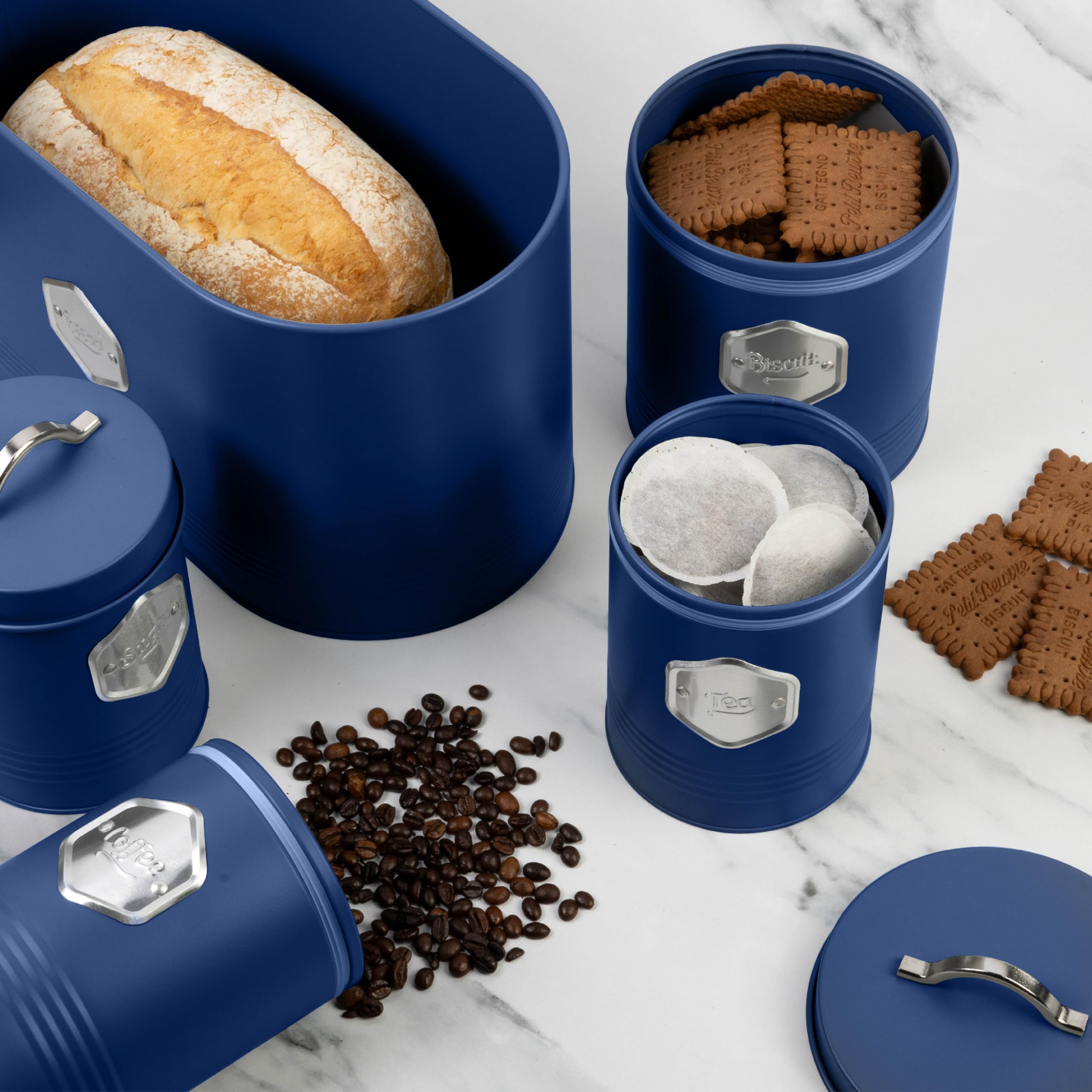 HEFTMAN Set di 5 contenitori da cucina blu, eleganti contenitori da cucina per pane, biscotti, zucchero, caffè, tè, set ermetici con etichetta, accessori da cucina blu (5 pezzi)
