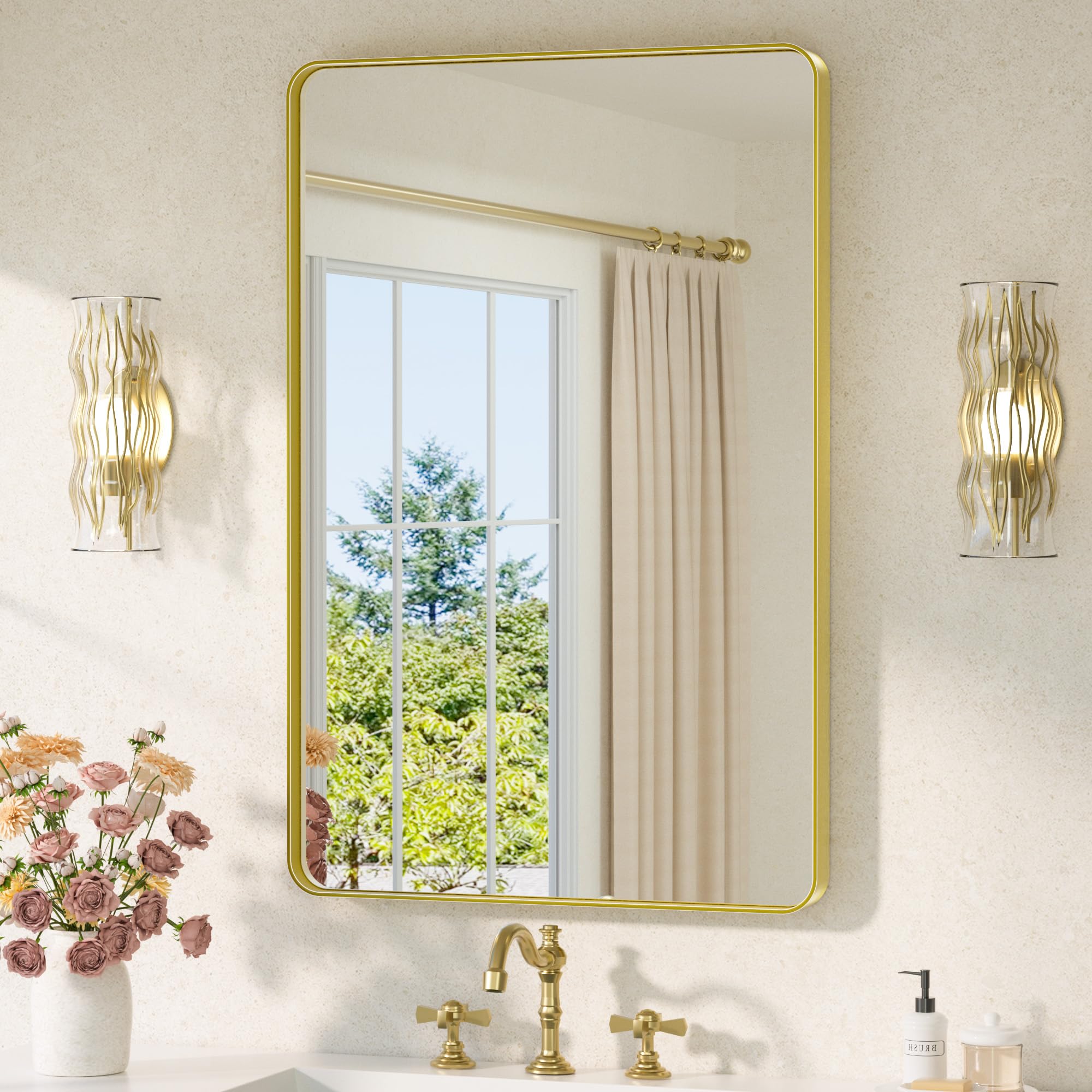 TETOTE 60x90cm Wandspiegel Gold Ohne Beleuchtung, Rechteckig Badspiegel mit Runder Ecke, Metallrahmen Badezimmer Spiegel für Waschbecken, Gehärtetes Glas Dekorative Spiegel