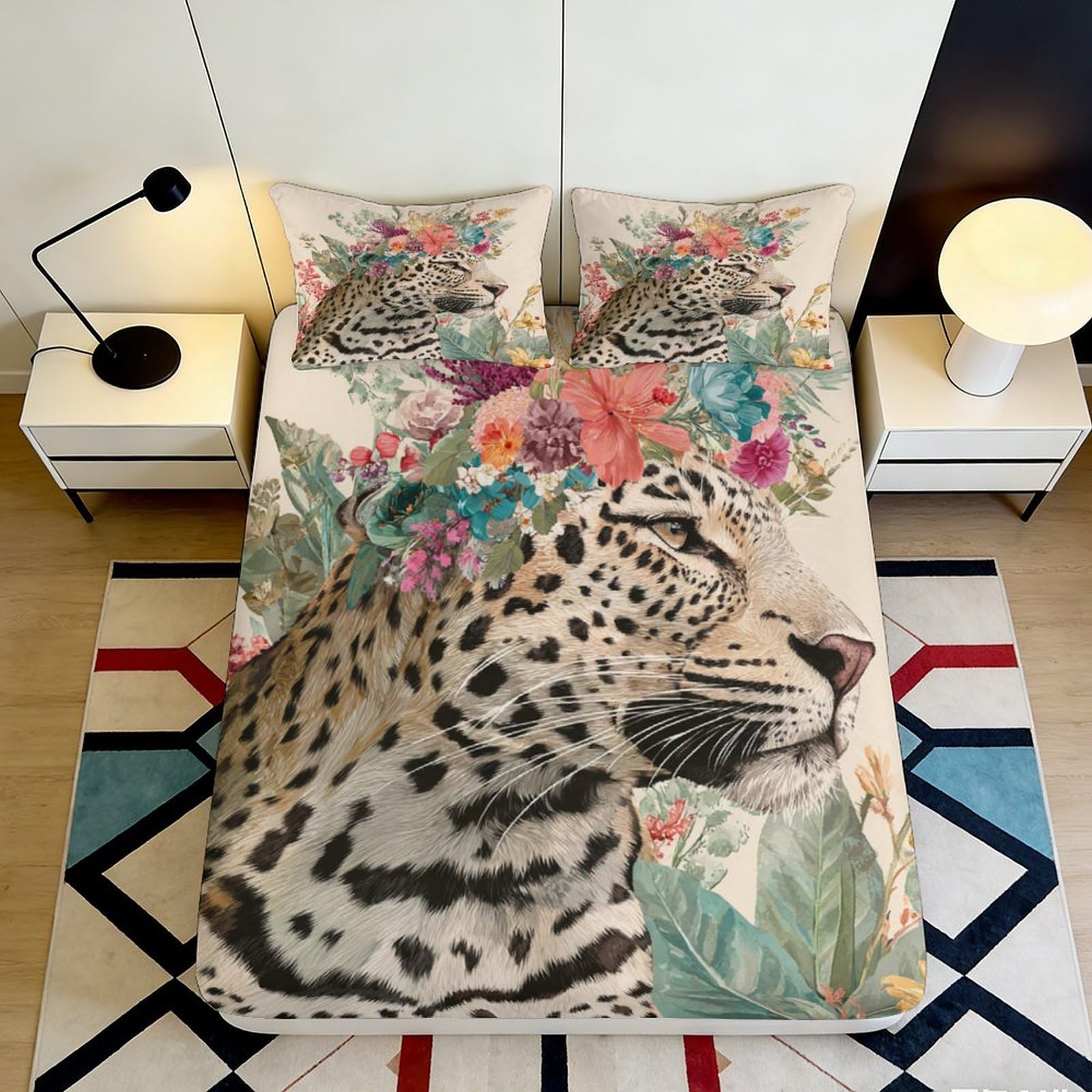 Pnayamiorkfel Style-3 3D Printed Leopard Floral Fitted Sheet Microfiber Soft Breathable Jungle Animal Bed Cover For Bedroom Guest Room Decor 90X200x25cm
