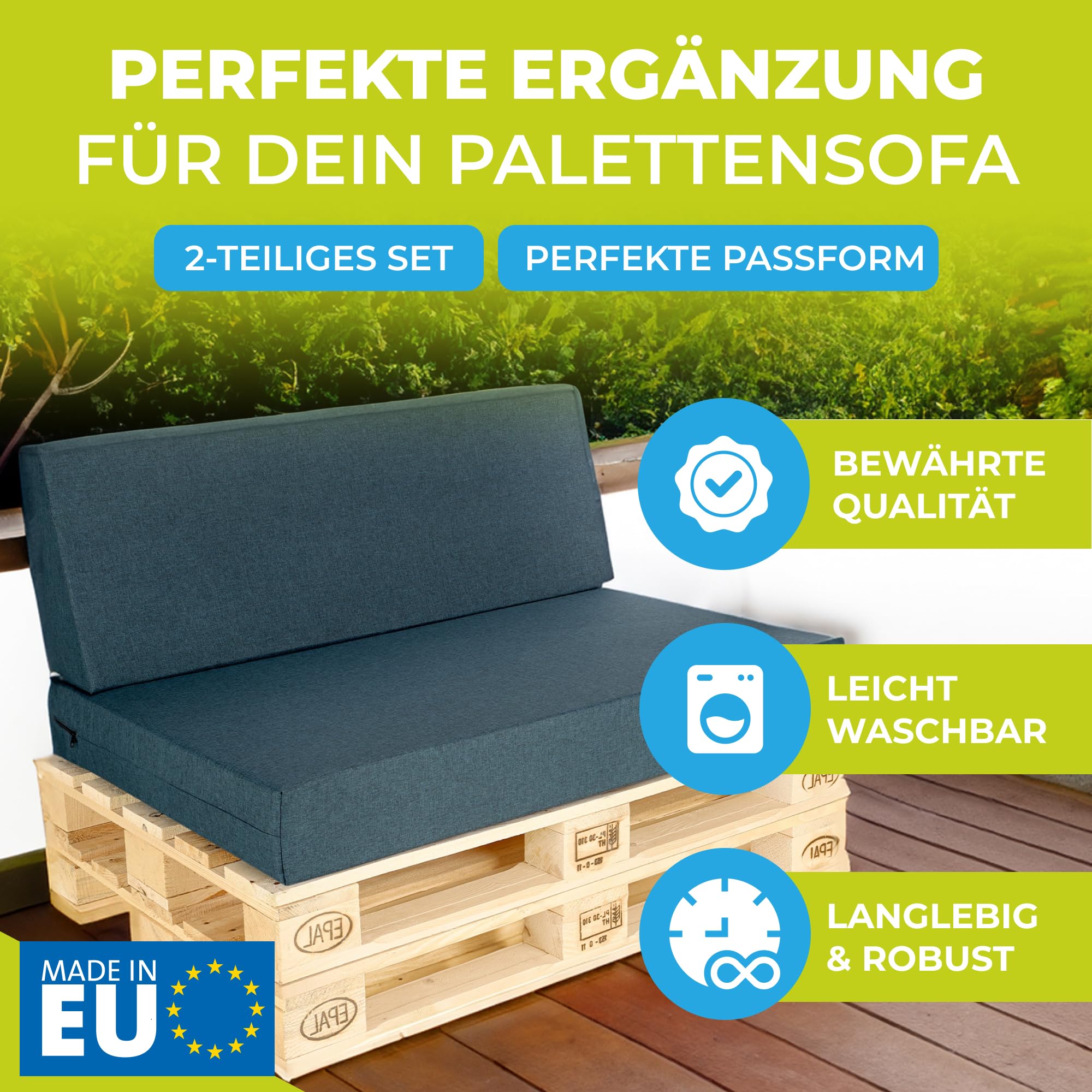Palettenkissen 2-teiliges Set | Palettenauflage für Palettensofa | Rückenkissen & Sitzkissen für Europaletten | Palettenmöbel für Indoor & Outdoor mit UV-beständig | Made in EU | Graphit