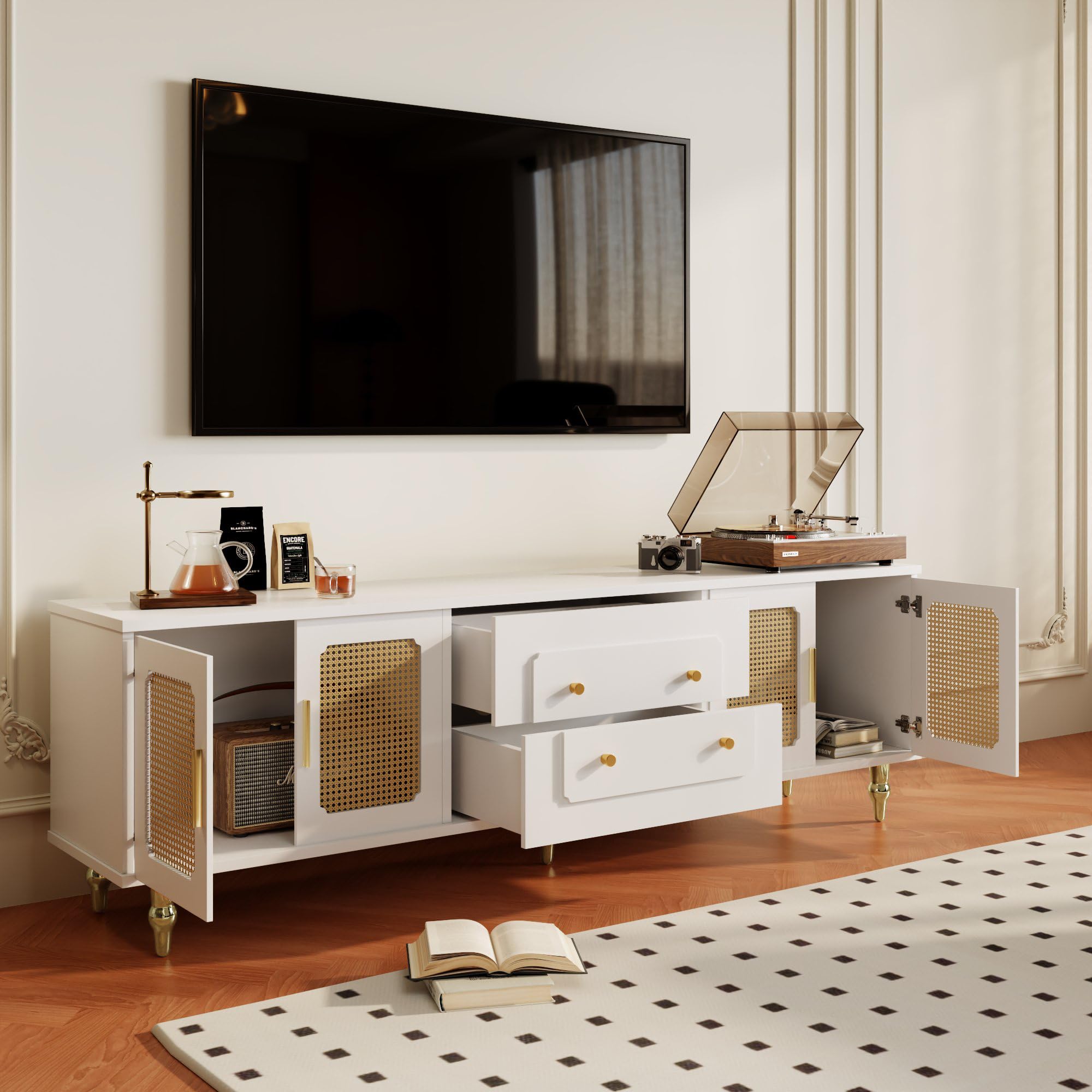 Mueble de TV de estilo retro con 6 compartimentos de almacenamiento, asas doradas, puerta de ratán y patas de metal, aparador de TV para salón (blanco, 175 x 38 x 55,5 cm)