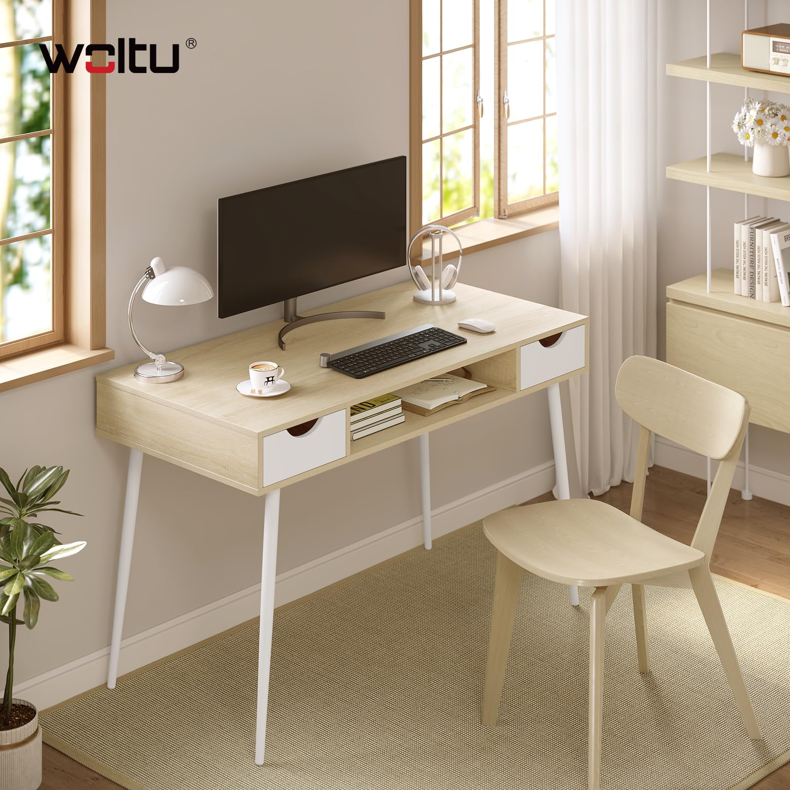 WOLTU Scrivania Bianca, Tavolo Quercia PC | con 2 Cassetti e Ripiano, 120x58x75 cm, per Soggiorno, Telaio Metallo