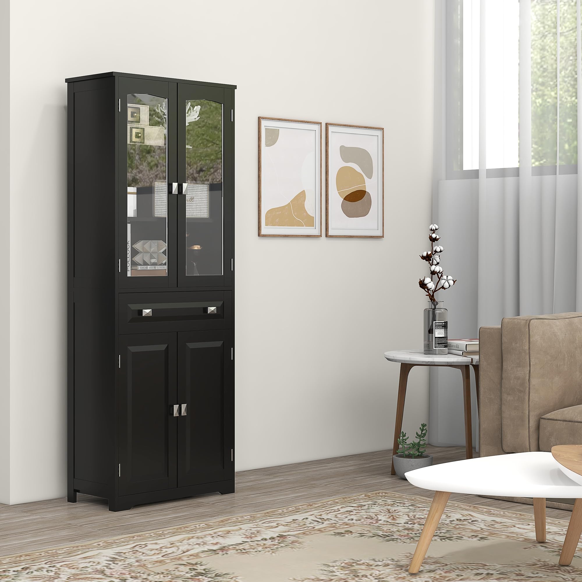 HOMCOM Armoire de Cuisine Buffet Haut 160 cm Noir | 4 Portes dont 2 Portes Vitrées, 1 Tiroir, Étagères Réglables