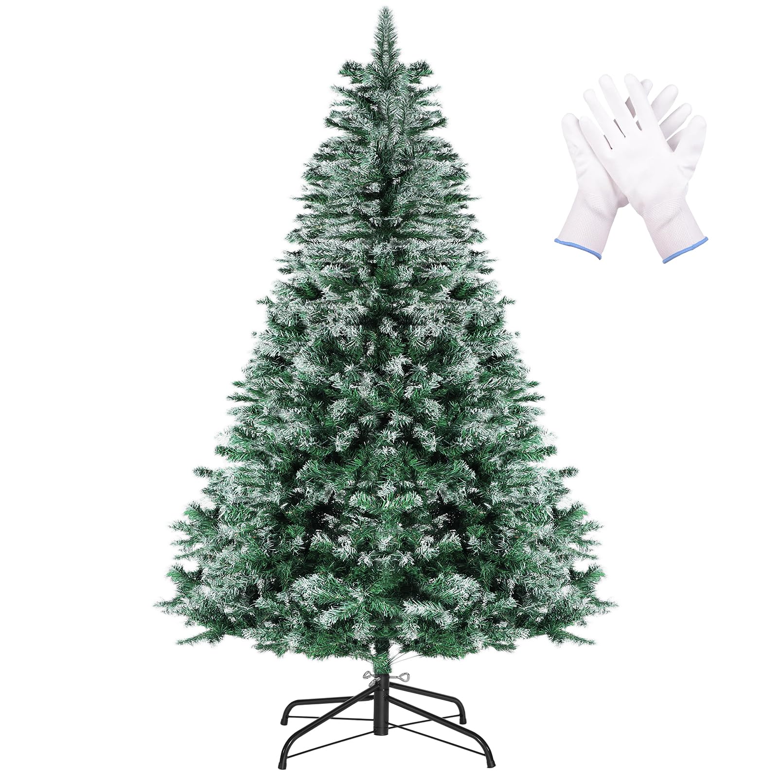 7FT Artificial Flocked Christmas Tree with 938 Branch Tips, White Pine Trees with Excellent Metal Frame, Skillful Hinged Structure and Stable Base, Easy Assembly for Home, Office, Party Decoration