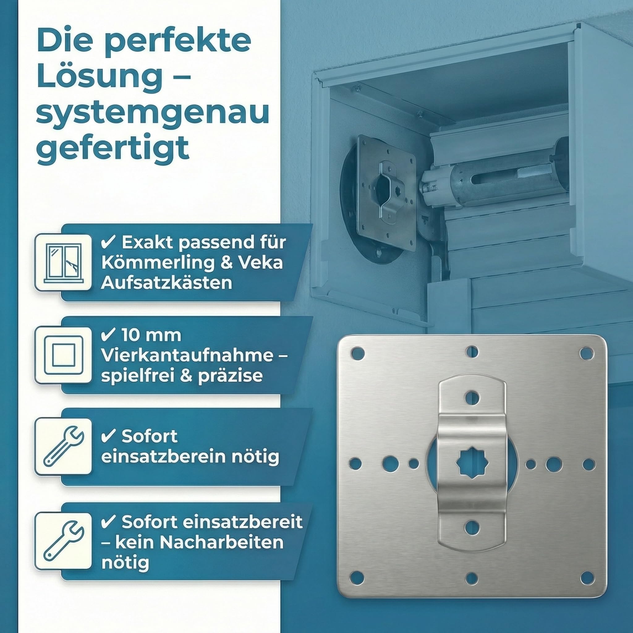 heicko Fertigkastenlager für Rohrmotoren 10mm Vierkant – Präzises Antriebslager 100x100mm für Rollladen Aufsatzkasten | Passend für Kömmerling & Veka Systeme | Robuster Edelstahl für stabile Montage